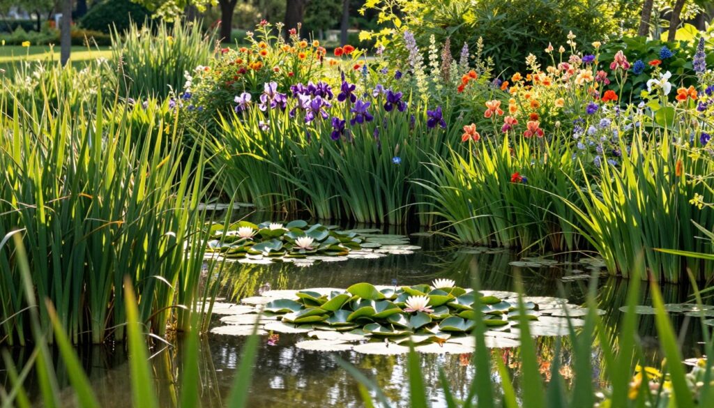 A serene, natural pond setting showcasing a variety of lush, vibrant marginal plants creating a beautiful frame around the water. In the foreground, include tall, graceful reeds and delicate water lilies, their leaves and blossoms casting gentle reflections on the surface. The middle ground features clusters of irises and colorful wildflowers, with a subtle glimmer of sunlight filtering through the foliage, enhancing the vivid colors. In the background, soft greenery and distant trees provide depth, while the sun shines warmly, casting long, soft shadows. Use a wide-angle lens perspective to capture the full beauty of the scene, giving it a tranquil and inviting atmosphere. The overall mood should evoke a sense of harmony and natural beauty, perfect for illustrating the importance of aquatic plants in creating a balanced ecosystem.