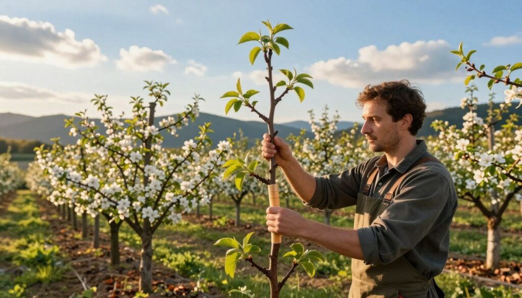 A serene orchard setting showcasing the ideal timing for grafting fruit trees. In the foreground, a skilled gardener, dressed in professional attire, carefully examines a young grafted fruit tree, its freshly applied grafting tape visible. The middle ground features various fruit trees in full bloom, with vibrant flowers and lush green leaves indicating the optimal season for grafting. In the background, there are rolling hills and a bright blue sky dotted with soft, fluffy clouds, conveying a sense of tranquility and the promise of fruitful growth. The lighting is warm and inviting, simulating the golden hour just before sunset, enhancing the vivid colors of the orchard. The overall mood is hopeful and nurturing, emphasizing the importance of timing in fruit tree grafting. A serene orchard setting showcasing the ideal timing for grafting fruit trees. In the foreground, a skilled gardener, dressed in professional attire, carefully examines a young grafted fruit tree, its freshly applied grafting tape visible. The middle ground features various fruit trees in full bloom, with vibrant flowers and lush green leaves indicating the optimal season for grafting. In the background, there are rolling hills and a bright blue sky dotted with soft, fluffy clouds, conveying a sense of tranquility and the promise of fruitful growth. The lighting is warm and inviting, simulating the golden hour just before sunset, enhancing the vivid colors of the orchard. The overall mood is hopeful and nurturing, emphasizing the importance of timing in fruit tree grafting.