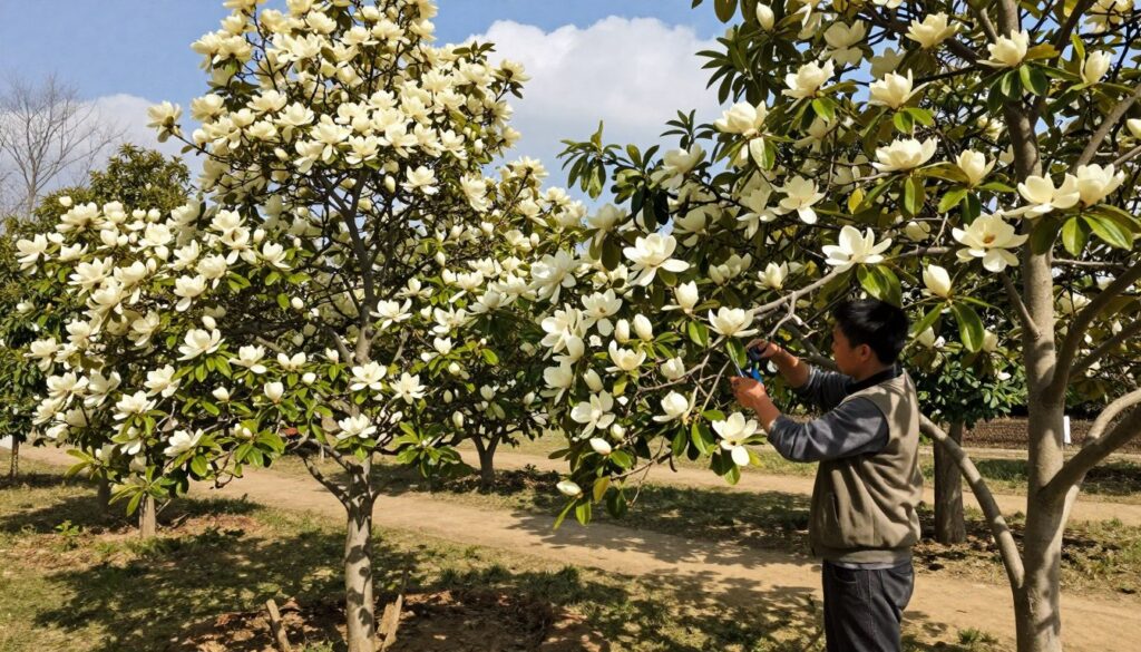 A serene outdoor garden scene showcasing the step-by-step technique of pruning magnolia trees. In the foreground, a gardener, dressed in modest casual clothing, is carefully trimming a magnolia branch with pruning shears, focusing on the delicate blossoms. The middle ground features several magnolia trees in various stages of bloom, displaying lush, creamy-colored flowers and rich green leaves. Soft sunlight filters through the trees, casting dappled shadows on the ground, creating a tranquil, inviting atmosphere. In the background, a blue sky with fluffy white clouds adds to the serene environment. The image captures the essence of careful horticulture, highlighting both the beauty and the technique of magnolia pruning. The composition is balanced, with a focus on the interaction between the gardener and the trees. A serene outdoor garden scene showcasing the step-by-step technique of pruning magnolia trees. In the foreground, a gardener, dressed in modest casual clothing, is carefully trimming a magnolia branch with pruning shears, focusing on the delicate blossoms. The middle ground features several magnolia trees in various stages of bloom, displaying lush, creamy-colored flowers and rich green leaves. Soft sunlight filters through the trees, casting dappled shadows on the ground, creating a tranquil, inviting atmosphere. In the background, a blue sky with fluffy white clouds adds to the serene environment. The image captures the essence of careful horticulture, highlighting both the beauty and the technique of magnolia pruning. The composition is balanced, with a focus on the interaction between the gardener and the trees.