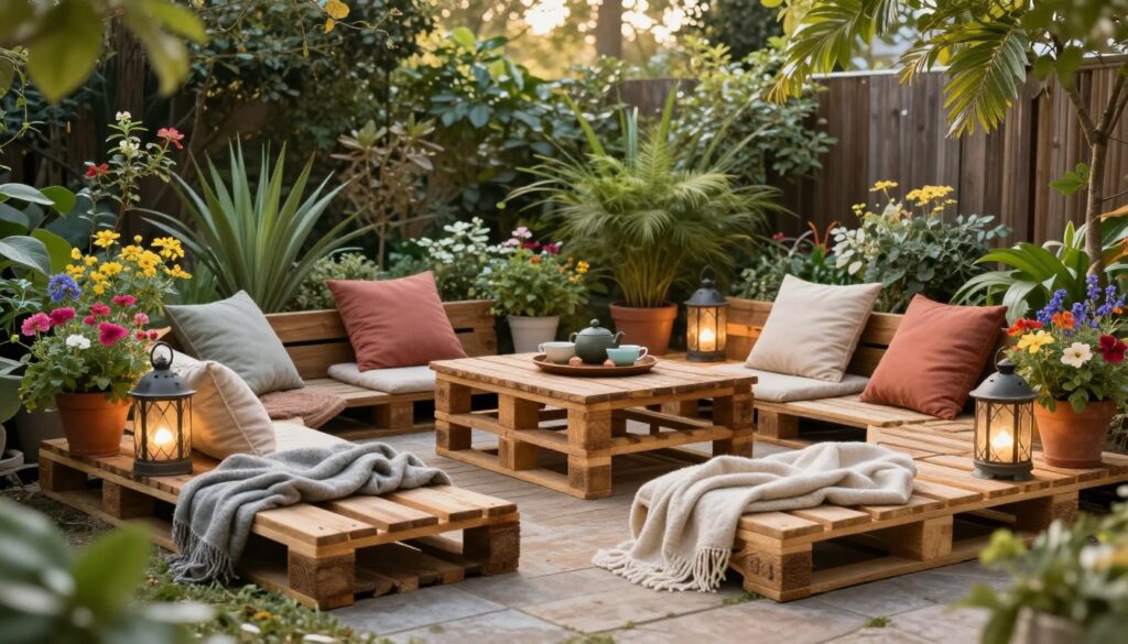A serene outdoor garden space showcasing a creative pallet floor design as a cozy relaxation zone. In the foreground, wooden pallets are arranged intricately to form a rustic yet stylish seating area, adorned with colorful cushions and a soft throw blanket. Potted plants with vibrant flowers and greenery accentuate the space, adding a touch of nature. The middle ground features a small wooden table with a tea set, surrounded by decorative lanterns casting warm light. The background reveals lush foliage under soft, natural sunlight filtering through trees, creating a tranquil atmosphere. The scene captures a harmonious blend of practicality and aesthetics, inviting one to unwind in this charming retreat. The overall mood is peaceful and inviting, perfect for a cozy outdoor escape. A serene outdoor garden space showcasing a creative pallet floor design as a cozy relaxation zone. In the foreground, wooden pallets are arranged intricately to form a rustic yet stylish seating area, adorned with colorful cushions and a soft throw blanket. Potted plants with vibrant flowers and greenery accentuate the space, adding a touch of nature. The middle ground features a small wooden table with a tea set, surrounded by decorative lanterns casting warm light. The background reveals lush foliage under soft, natural sunlight filtering through trees, creating a tranquil atmosphere. The scene captures a harmonious blend of practicality and aesthetics, inviting one to unwind in this charming retreat. The overall mood is peaceful and inviting, perfect for a cozy outdoor escape.