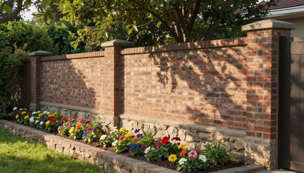 A serene, private garden setting showcasing a beautifully constructed brick fence that emphasizes security and seclusion. In the foreground, a well-maintained flower bed blooms vibrantly, bordered by the sturdy masonry wall. The middle ground features the solid brick fence, intricately detailed with a subtle texture and natural hues, creating an inviting yet secure barrier. In the background, lush greenery and soft sunlight filter through the trees, casting dappled shadows on the fence, enhancing the tranquil atmosphere. The image captures a sense of peacefulness and solitude, with soft, warm lighting to create a cozy, inviting mood. The perspective is angled slightly upward, providing a view of the height and strength of the wall, instilling a feeling of safety and privacy. A serene, private garden setting showcasing a beautifully constructed brick fence that emphasizes security and seclusion. In the foreground, a well-maintained flower bed blooms vibrantly, bordered by the sturdy masonry wall. The middle ground features the solid brick fence, intricately detailed with a subtle texture and natural hues, creating an inviting yet secure barrier. In the background, lush greenery and soft sunlight filter through the trees, casting dappled shadows on the fence, enhancing the tranquil atmosphere. The image captures a sense of peacefulness and solitude, with soft, warm lighting to create a cozy, inviting mood. The perspective is angled slightly upward, providing a view of the height and strength of the wall, instilling a feeling of safety and privacy.