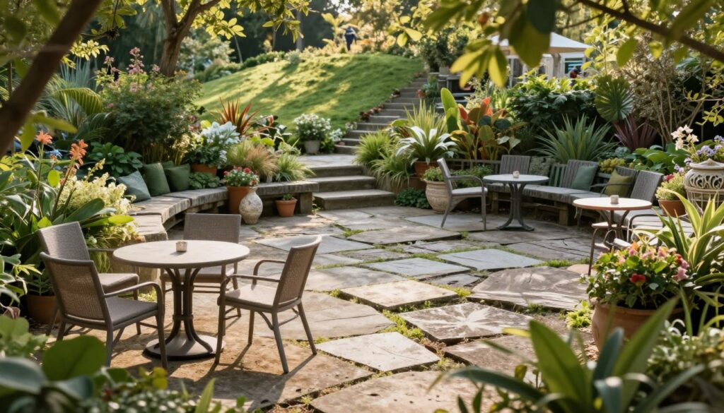 A serene relaxation zone in a garden featuring old sidewalk slabs arranged creatively. The foreground consists of a cozy seating area with stylish outdoor furniture, such as a table and chairs, placed on a stable surface of reclaimed concrete pavers. In the middle ground, lush greenery, blooming flowers, and decorative planters enhance the tranquil atmosphere. The background showcases a gentle slope with sunlight filtering through the leaves of nearby trees, casting soft shadows. The scene conveys a peaceful mood, inviting relaxation in nature. The image is well-lit with warm afternoon sunlight, captured from a slight elevation to provide a comprehensive view of the relaxed layout. A serene relaxation zone in a garden featuring old sidewalk slabs arranged creatively. The foreground consists of a cozy seating area with stylish outdoor furniture, such as a table and chairs, placed on a stable surface of reclaimed concrete pavers. In the middle ground, lush greenery, blooming flowers, and decorative planters enhance the tranquil atmosphere. The background showcases a gentle slope with sunlight filtering through the leaves of nearby trees, casting soft shadows. The scene conveys a peaceful mood, inviting relaxation in nature. The image is well-lit with warm afternoon sunlight, captured from a slight elevation to provide a comprehensive view of the relaxed layout.