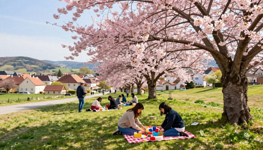 A serene scene capturing the preparation for cherry blossom season in a picturesque Polish town. In the foreground, a group of friends dressed in modest casual clothing engage in joyful preparations, arranging colorful picnic blankets and traditional Japanese decorations under a budding cherry tree. In the middle ground, the cherry blossoms are just beginning to bloom, their delicate pink petals contrasting against vibrant green grass. Soft, warm sunlight filters through the branches, casting gentle shadows on the scene. In the background, charming old buildings and distant rolling hills create a tranquil ambiance, while clear blue skies enhance the cheerful mood. The angle is slightly elevated, providing a sweeping view of the lively gathering and the blossoming trees, capturing the essence of spring celebration.