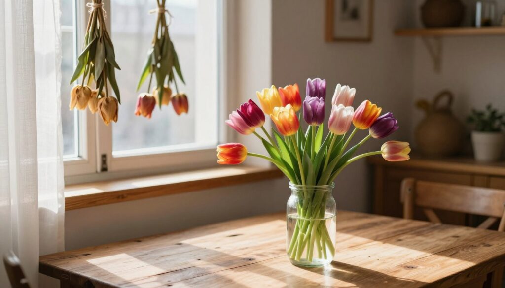 A serene scene of drying tulips in a cozy, sunlit room. In the foreground, a rustic wooden table holds an assortment of vibrant tulip flowers, delicately arranged upright in a clear glass jar filled with water. The middle ground features a soft, light-filled window with sheer white curtains, casting gentle shadows on the table. On the windowsill, hang dried tulip stems tied with twine, showcasing the drying process. In the background, a warm and inviting interior with light wood accents and earthy tones creates a calm atmosphere. The natural light highlights the tulips' colors, enhancing their beauty while creating a peaceful, organic feel. Capture this moment with a close-up perspective, focused on the flowers, to emphasize the essence of preparing blooms for drying. A serene scene of drying tulips in a cozy, sunlit room. In the foreground, a rustic wooden table holds an assortment of vibrant tulip flowers, delicately arranged upright in a clear glass jar filled with water. The middle ground features a soft, light-filled window with sheer white curtains, casting gentle shadows on the table. On the windowsill, hang dried tulip stems tied with twine, showcasing the drying process. In the background, a warm and inviting interior with light wood accents and earthy tones creates a calm atmosphere. The natural light highlights the tulips' colors, enhancing their beauty while creating a peaceful, organic feel. Capture this moment with a close-up perspective, focused on the flowers, to emphasize the essence of preparing blooms for drying.