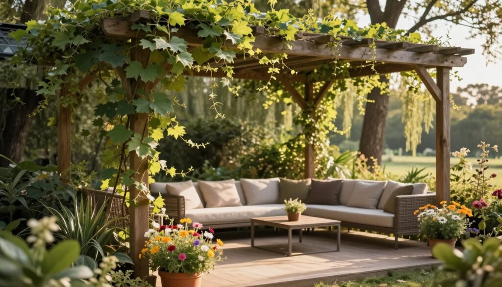 A serene terrace scene showcasing a natural cover for sun protection. In the foreground, delicate green vines gracefully drape over a wooden pergola, providing a lush canopy. Bright wildflowers bloom in pots alongside comfortable seating, inviting relaxation. The middle ground features a stylish outdoor sofa with soft cushions, ideal for lounging. In the background, tall trees flutter gently in the breeze, casting dappled sunlight across the space. The atmosphere is tranquil, with soft, warm lighting of late afternoon illuminating the scene, creating inviting shadows. A shallow depth of field emphasizes the natural elements, giving the impression of a cozy retreat amidst nature. A serene terrace scene showcasing a natural cover for sun protection. In the foreground, delicate green vines gracefully drape over a wooden pergola, providing a lush canopy. Bright wildflowers bloom in pots alongside comfortable seating, inviting relaxation. The middle ground features a stylish outdoor sofa with soft cushions, ideal for lounging. In the background, tall trees flutter gently in the breeze, casting dappled sunlight across the space. The atmosphere is tranquil, with soft, warm lighting of late afternoon illuminating the scene, creating inviting shadows. A shallow depth of field emphasizes the natural elements, giving the impression of a cozy retreat amidst nature.