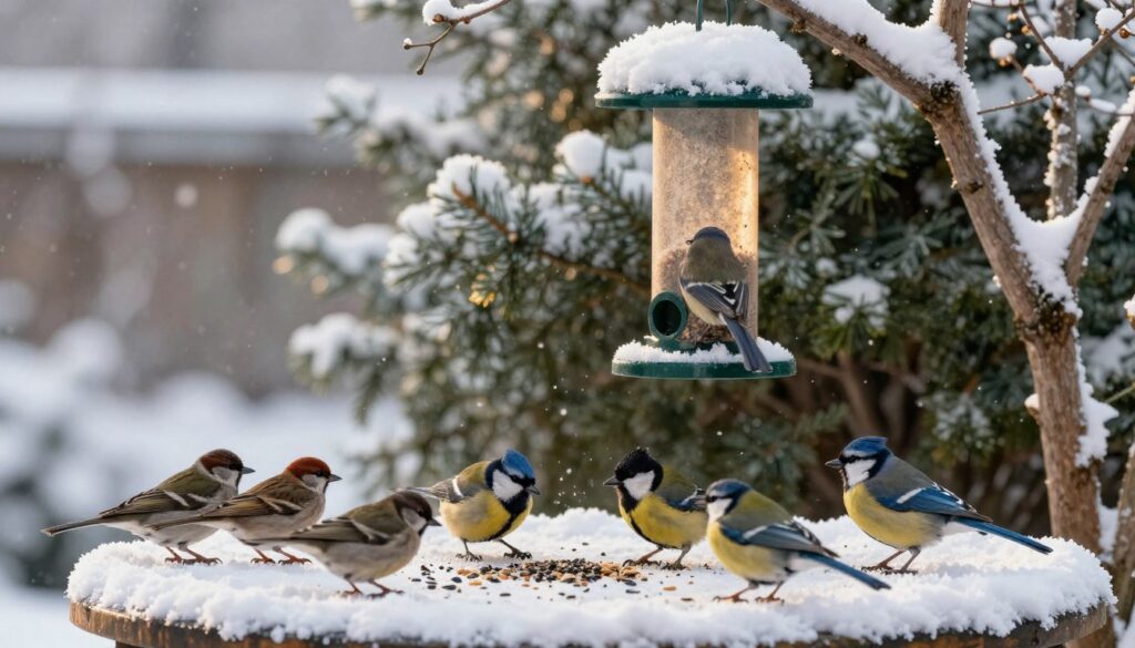 A serene winter garden scene capturing birds being fed in difficult weather conditions. In the foreground, a variety of birds—such as sparrows, finches, and blue jays—happily pecking at seeds scattered on a snow-covered table. In the middle ground, a bird feeder hangs from a snow-dusted tree branch, surrounded by evergreen bushes that provide shelter. The background showcases a soft snowfall, with muted gray skies creating a cozy atmosphere. Golden, warm lighting filtering through the trees enhances the uplifting mood, while the scene composition focuses on the birds. The image should evoke a sense of calm and care for nature, emphasizing the importance of feeding birds in harsh weather.