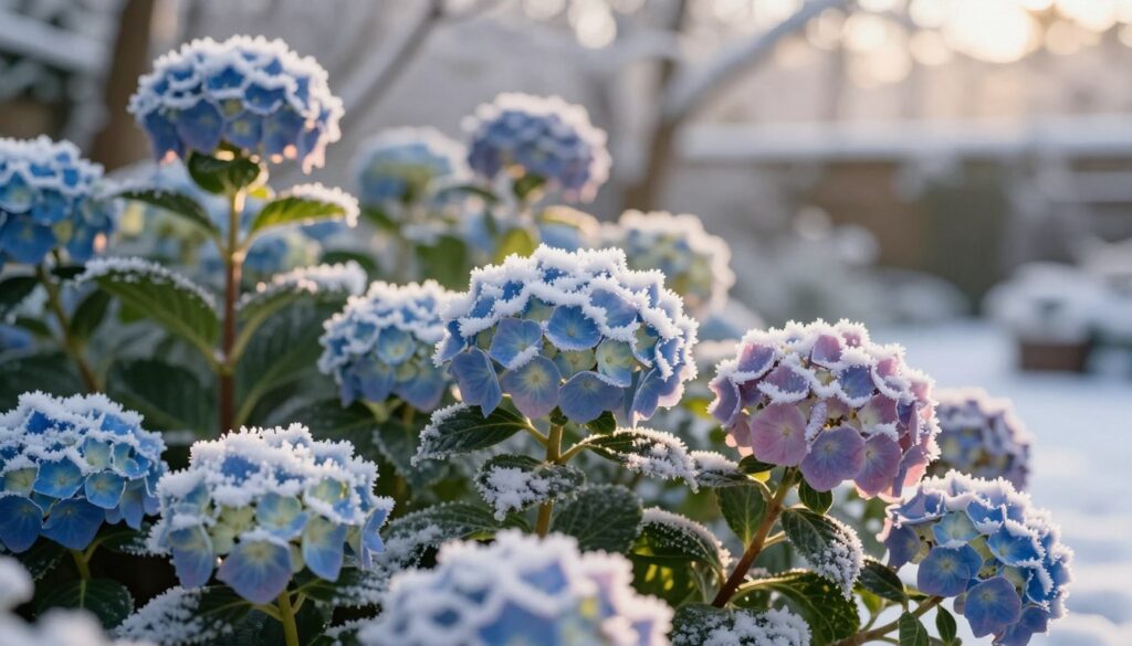 A serene winter garden scene featuring a cluster of beautifully frosted hydrangeas in full bloom. In the foreground, snow-dusted petals in shades of blue and pink catch the soft, golden light of the late afternoon sun, creating a gentle glow. The middle ground includes blurred green leaves peeking through the snow, while in the background, a soft focus of white snow-covered trees enhances the tranquil atmosphere. The scene conveys a peaceful and protective vibe, embodying the essence of winter horticulture. The lighting casts delicate shadows and highlights on the hydrangeas, creating depth. The overall mood is calm and introspective, perfect for illustrating the importance of protecting garden hydrangeas from frost. A serene winter garden scene featuring a cluster of beautifully frosted hydrangeas in full bloom. In the foreground, snow-dusted petals in shades of blue and pink catch the soft, golden light of the late afternoon sun, creating a gentle glow. The middle ground includes blurred green leaves peeking through the snow, while in the background, a soft focus of white snow-covered trees enhances the tranquil atmosphere. The scene conveys a peaceful and protective vibe, embodying the essence of winter horticulture. The lighting casts delicate shadows and highlights on the hydrangeas, creating depth. The overall mood is calm and introspective, perfect for illustrating the importance of protecting garden hydrangeas from frost.