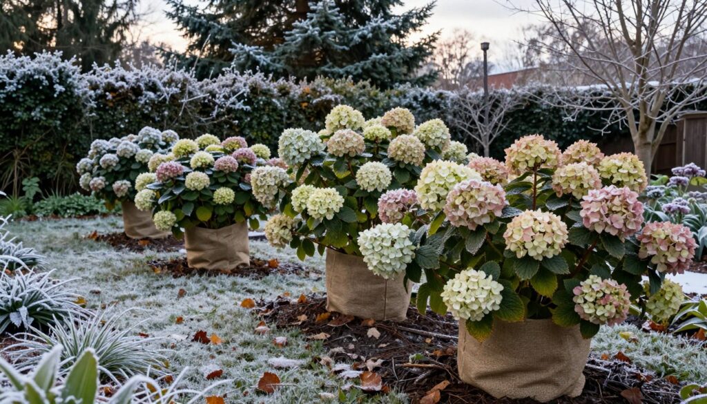 A serene winter scene showcasing a well-mulched garden surrounded by healthy garden hydrangeas. In the foreground, several hydrangea bushes are wrapped gently in protective burlap, with muted colors illustrating the transition from fall to winter. In the middle ground, frosty leaves glisten on the ground, and a light dusting of snow covers the garden beds. The background features evergreen trees, providing a natural barrier against harsh winter winds, with a soft, overcast sky filtering diffused light. The mood is tranquil yet protective, celebrating the care taken to prepare the garden for seasonal challenges, emphasizing the importance of safeguarding these beautiful plants during the cold months. The angle is slightly elevated, offering a comprehensive view of the hydrangeas and the protective measures taken. A serene winter scene showcasing a well-mulched garden surrounded by healthy garden hydrangeas. In the foreground, several hydrangea bushes are wrapped gently in protective burlap, with muted colors illustrating the transition from fall to winter. In the middle ground, frosty leaves glisten on the ground, and a light dusting of snow covers the garden beds. The background features evergreen trees, providing a natural barrier against harsh winter winds, with a soft, overcast sky filtering diffused light. The mood is tranquil yet protective, celebrating the care taken to prepare the garden for seasonal challenges, emphasizing the importance of safeguarding these beautiful plants during the cold months. The angle is slightly elevated, offering a comprehensive view of the hydrangeas and the protective measures taken.