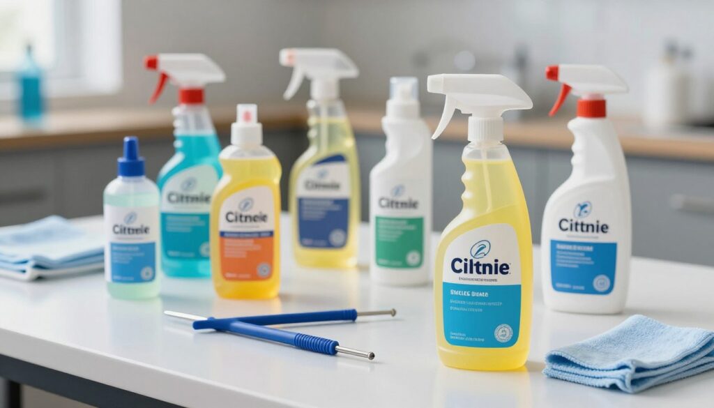 A sophisticated arrangement of professional silicone removal products, featuring various chemical bottles and tools set on a clean, well-organized workbench. In the foreground, a bright, modern spray bottle labeled for silicone removal, positioned next to a precision applicator tool and a soft cloth. The middle background showcases additional product varieties, including gel and liquid forms, all clearly designed for effective cleaning without surface damage. The lighting is bright and even, emphasizing the clarity and cleanliness of the products. The scene is set in a contemporary workshop environment, creating a professional and reliable atmosphere, ideal for illustrating effective solutions for removing silicone from tiles.