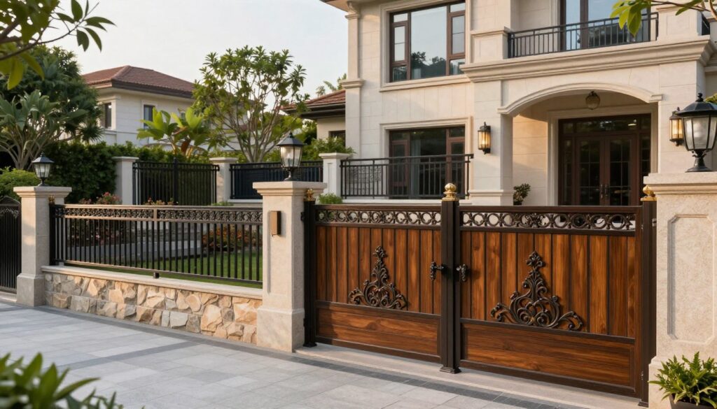 A sophisticated overview of residential fencing materials, featuring a well-maintained estate. In the foreground, showcase elegant wood and wrought iron fences, intricately designed with patterns, reflecting luxury and style. In the middle ground, include a mix of other materials like stone and vinyl fencing, creating a harmonious blend that emphasizes security and aesthetics. The background should portray a lush garden and a modern mansion, accentuating the opulence of the residence. The lighting should be soft and warm, simulating late afternoon sunlight, with a gentle highlight on the textures of the fencing materials. Use a slight angle that captures depth and dimension, inviting the viewer to appreciate the craftsmanship and variety of the fencing styles. The mood should be serene and upscale, exemplifying the prestige associated with high-end residential properties.