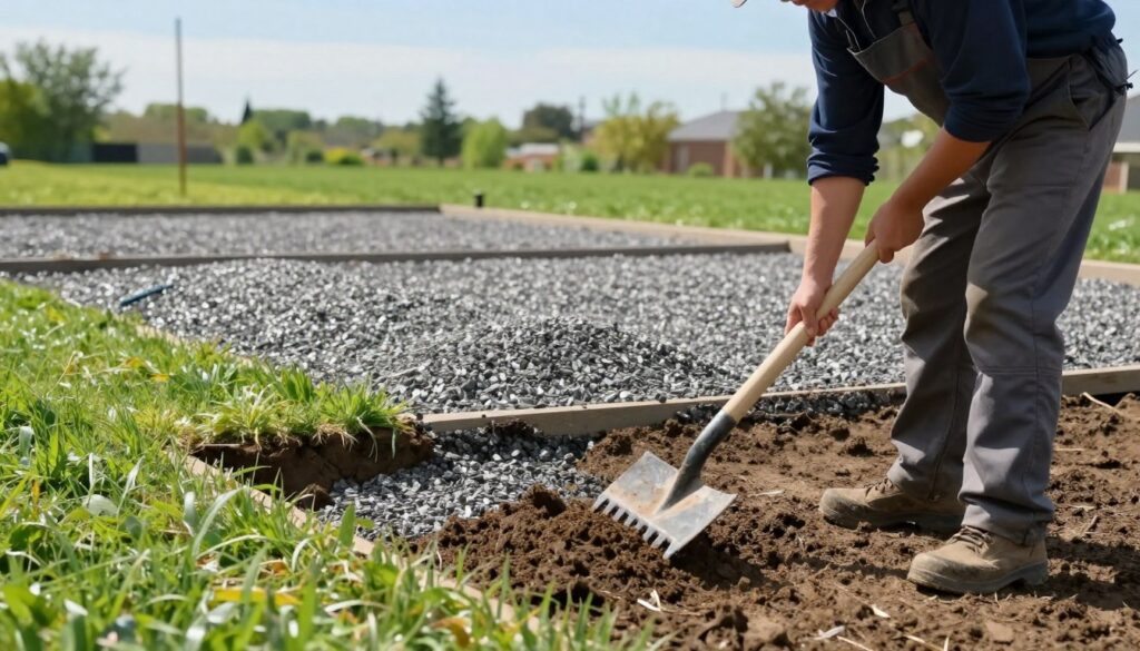 A step-by-step guide to strengthening wet ground for a garden, driveway, or path. In the foreground, a professional, modestly dressed landscaper is applying gravel to a muddy area, using tools like a shovel and rake. The middle ground features freshly laid gravel with visible layers demonstrating the process of stabilization, surrounded by lush green grass. In the background, a clear blue sky with soft, diffused sunlight illuminates the scene, enhancing the vibrant colors of the greenery. The mood is focused and industrious, reflecting a productive day in landscaping. The angle captures both the landscaper's careful work and the transformation of the wet terrain, emphasizing the importance of proper techniques in ground stabilization. A step-by-step guide to strengthening wet ground for a garden, driveway, or path. In the foreground, a professional, modestly dressed landscaper is applying gravel to a muddy area, using tools like a shovel and rake. The middle ground features freshly laid gravel with visible layers demonstrating the process of stabilization, surrounded by lush green grass. In the background, a clear blue sky with soft, diffused sunlight illuminates the scene, enhancing the vibrant colors of the greenery. The mood is focused and industrious, reflecting a productive day in landscaping. The angle captures both the landscaper's careful work and the transformation of the wet terrain, emphasizing the importance of proper techniques in ground stabilization.