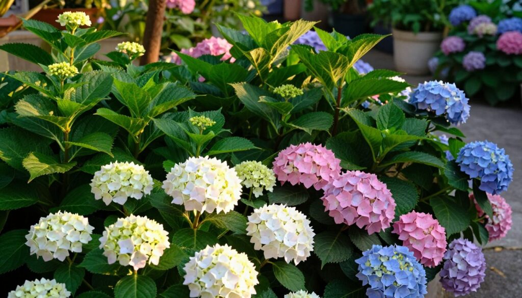 A stunning arrangement of unique tree hydrangea varieties, showcasing their distinct characteristics. In the foreground, vivid blooms in shades of white, pink, and blue, with texture variations from fluffy to tightly clustered petals. The middle ground highlights the lush green foliage, exhibiting different leaf shapes and sizes unique to each variety. In the background, a soft-focus garden setting with hints of other flowering plants, creating a rich, natural atmosphere. Warm, golden-hour lighting enhances the colors and casts gentle shadows. The image should evoke a sense of serenity and appreciation for these beautiful hydrangeas, captured from a slightly elevated angle for depth. A stunning arrangement of unique tree hydrangea varieties, showcasing their distinct characteristics. In the foreground, vivid blooms in shades of white, pink, and blue, with texture variations from fluffy to tightly clustered petals. The middle ground highlights the lush green foliage, exhibiting different leaf shapes and sizes unique to each variety. In the background, a soft-focus garden setting with hints of other flowering plants, creating a rich, natural atmosphere. Warm, golden-hour lighting enhances the colors and casts gentle shadows. The image should evoke a sense of serenity and appreciation for these beautiful hydrangeas, captured from a slightly elevated angle for depth.