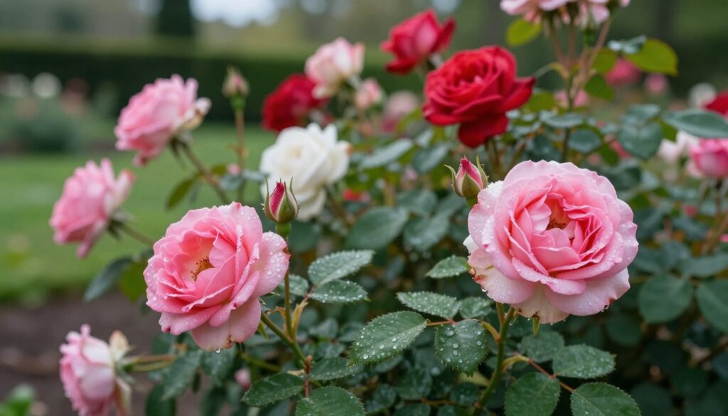 A stunning close-up of blossoming roses in a serene garden setting, capturing the vibrant colors of pink, red, and white petals illuminated by soft morning light. In the foreground, dew-kissed rose buds are nestled among verdant green leaves, showcasing intricate details and textures. The middle ground features more fully bloomed roses surrounded by lush foliage, creating a sense of lush abundance. In the background, a blurred backdrop of greenery adds depth, hinting at the garden's tranquility. The atmosphere is peaceful and inviting, emphasizing the beauty and vitality of the roses while reflecting their ideal environment for thriving. The lighting should be gentle, evoking a sense of warmth and renewal.