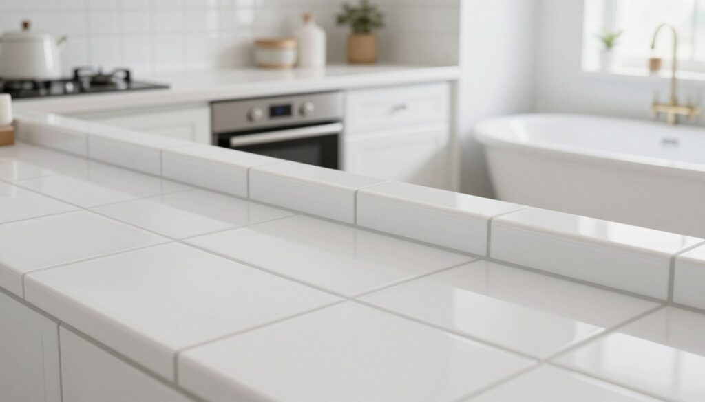 A stylish kitchen and bathroom setting featuring white tiles and grout. The foreground showcases a close-up of glossy white tiles with neatly applied, modern grout in a light gray shade, highlighting the clean lines and texture. In the middle, there’s an elegant kitchen countertop with sleek appliances and soft, natural light illuminating the space. The background reveals a comfortable bathroom atmosphere with a luxurious bathtub and subtle decorative elements, conveying a sense of relaxation and cleanliness. The lighting is bright and inviting, creating a fresh and airy mood. Focus on composition that emphasizes the contrast between the tiles and grout, showcasing the functionality and aesthetics of these materials in both settings.
