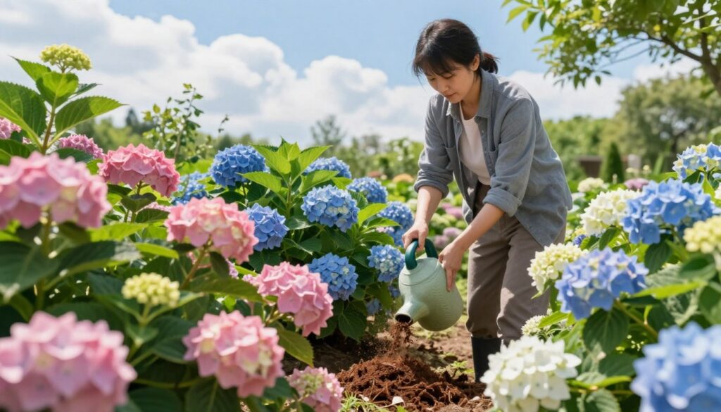 A tranquil garden scene illustrating the best time to fertilize hydrangeas with manure. In the foreground, freshly applied organic manure is placed around vibrant hydrangea plants, showcasing a mix of pink, blue, and white flowers. The middle ground features a gardener, dressed in modest casual clothing, gently watering the plants, surrounded by lush green foliage. In the background, a bright blue sky with gentle, fluffy clouds filters warm sunlight, creating a serene and inviting atmosphere. The scene captures a moment in spring when plants thrive and bloom, evoking feelings of growth and nurturing. The focus is on the careful attention given to hydrangeas, highlighting their care and optimal conditions for thriving.