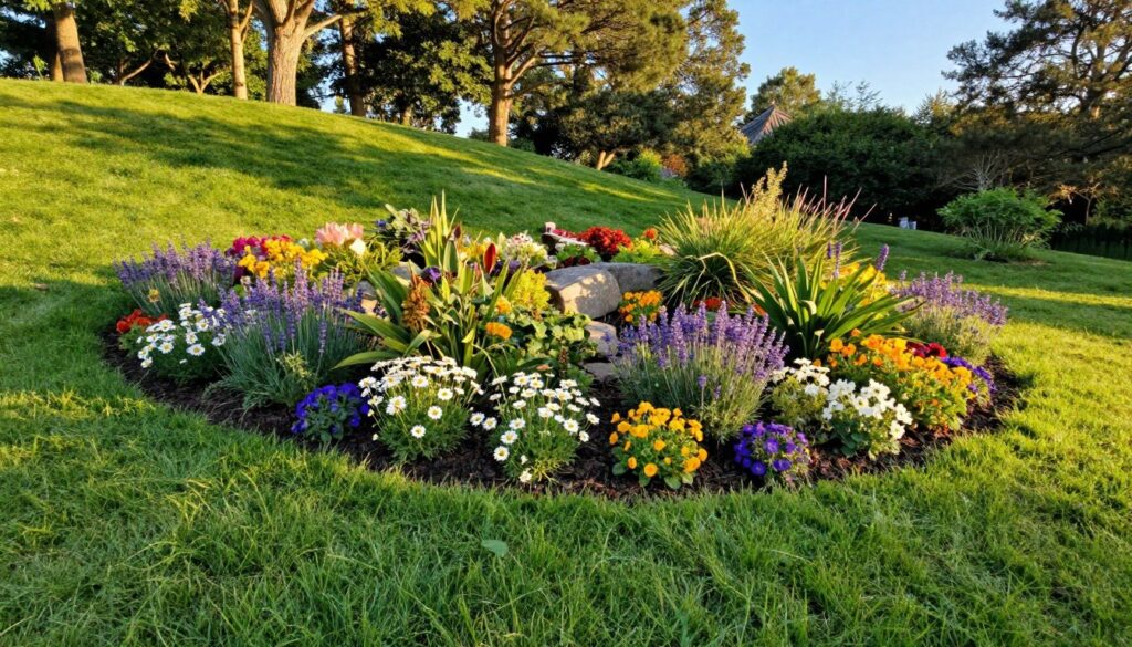 A tranquil garden scene showcasing natural, uncut lawn edges separating vibrant green grass from a beautifully designed flower bed. In the foreground, lush, wild grass softly curves along the border, blending into colorful blooms of various shapes and sizes, such as daisies and lavender. The middle ground captures the gentle transition between the grassy area and the flowerbed, highlighted by natural stone or mulch accents creating a seamless flow. The background features a gentle slope adorned with tall trees and a clear blue sky, contributing to a serene atmosphere. The scene is bathed in warm, golden hour sunlight, casting soft shadows and enhancing the colors of the flowers, evoking a sense of tranquility and harmony in nature. A tranquil garden scene showcasing natural, uncut lawn edges separating vibrant green grass from a beautifully designed flower bed. In the foreground, lush, wild grass softly curves along the border, blending into colorful blooms of various shapes and sizes, such as daisies and lavender. The middle ground captures the gentle transition between the grassy area and the flowerbed, highlighted by natural stone or mulch accents creating a seamless flow. The background features a gentle slope adorned with tall trees and a clear blue sky, contributing to a serene atmosphere. The scene is bathed in warm, golden hour sunlight, casting soft shadows and enhancing the colors of the flowers, evoking a sense of tranquility and harmony in nature.