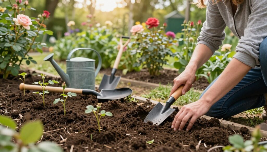 A tranquil garden scene showcasing soil preparation for rose planting. In the foreground, a gardener in modest casual clothing kneels, meticulously working the rich, dark soil with a hand trowel. Delicate rose seedlings are placed beside them, ready for planting. The middle ground features various gardening tools, such as a spade and a watering can, all arranged neatly. In the background, vibrant green plants and budding roses are visible, basking in soft, natural sunlight filtered through a light canopy of leaves. The atmosphere is serene and focused, emphasizing care and attention in nurturing the soil for healthy rose growth. Use soft, warm lighting to enhance the overall inviting mood of the garden. A tranquil garden scene showcasing soil preparation for rose planting. In the foreground, a gardener in modest casual clothing kneels, meticulously working the rich, dark soil with a hand trowel. Delicate rose seedlings are placed beside them, ready for planting. The middle ground features various gardening tools, such as a spade and a watering can, all arranged neatly. In the background, vibrant green plants and budding roses are visible, basking in soft, natural sunlight filtered through a light canopy of leaves. The atmosphere is serene and focused, emphasizing care and attention in nurturing the soil for healthy rose growth. Use soft, warm lighting to enhance the overall inviting mood of the garden.