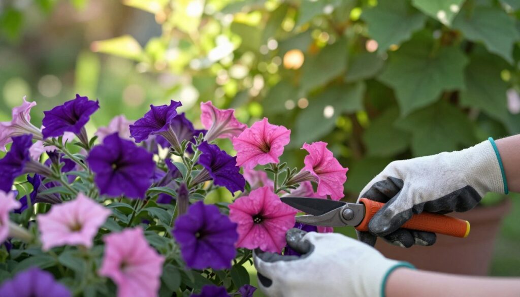 A tranquil garden scene showcasing the careful pruning of petunia stems. In the foreground, a pair of hands wearing gardening gloves gently clip the vibrant, lush petunia plants, highlighting their rich purples and pinks. The middle area features a variety of petunias in full bloom, some with clipped stems, while others remain untouched, showcasing the contrast in growth. In the background, soft sunlight filters through a verdant canopy of leaves, creating dappled light effects on the petals. The atmosphere is calm and nurturing, embodying the importance of pruning for better growth. Use a shallow depth of field to focus on the hands and flowers, with a warm, inviting lighting tone to enhance the garden's beauty. A tranquil garden scene showcasing the careful pruning of petunia stems. In the foreground, a pair of hands wearing gardening gloves gently clip the vibrant, lush petunia plants, highlighting their rich purples and pinks. The middle area features a variety of petunias in full bloom, some with clipped stems, while others remain untouched, showcasing the contrast in growth. In the background, soft sunlight filters through a verdant canopy of leaves, creating dappled light effects on the petals. The atmosphere is calm and nurturing, embodying the importance of pruning for better growth. Use a shallow depth of field to focus on the hands and flowers, with a warm, inviting lighting tone to enhance the garden's beauty.