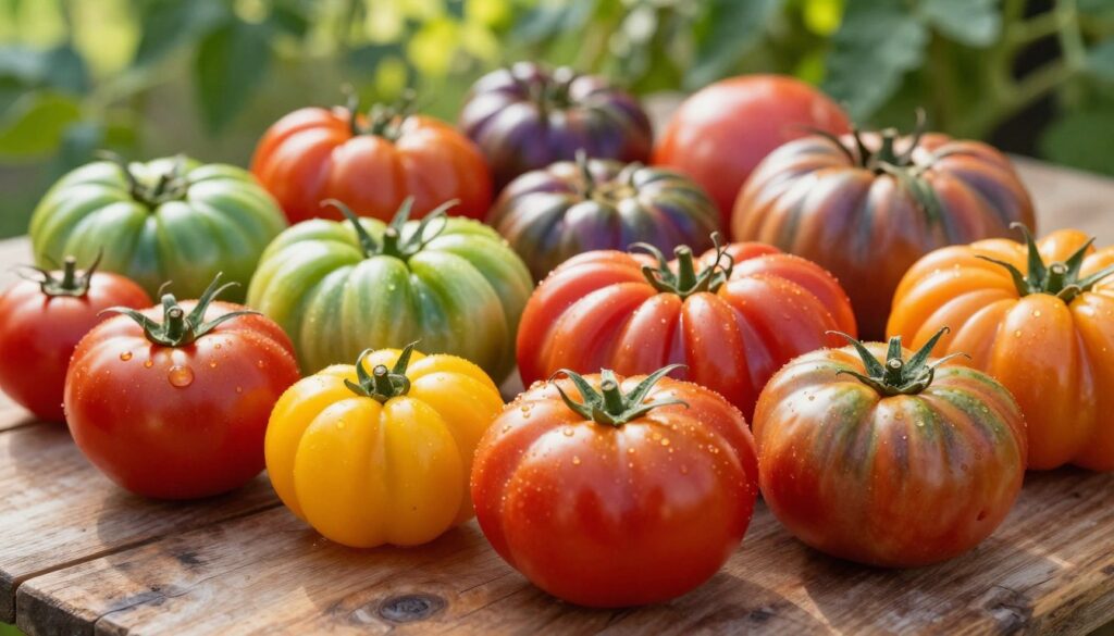 A vibrant and colorful assortment of various tomato varieties, including heirloom, cherry, and beefsteak tomatoes, displayed on a rustic wooden table. The foreground features a close-up of a few ripe red and yellow tomatoes, showcasing their textures and glistening surfaces. In the middle ground, a broader selection of tomatoes in different colors—green, purple, and striped—adds depth. The background is softly blurred with lush green foliage, hinting at a garden setting. The scene is illuminated by warm, natural sunlight that enhances the rich colors and creates a fresh, inviting atmosphere. Capture this image with a slightly elevated angle for an enticing perspective that highlights the diversity and beauty of the tomatoes.