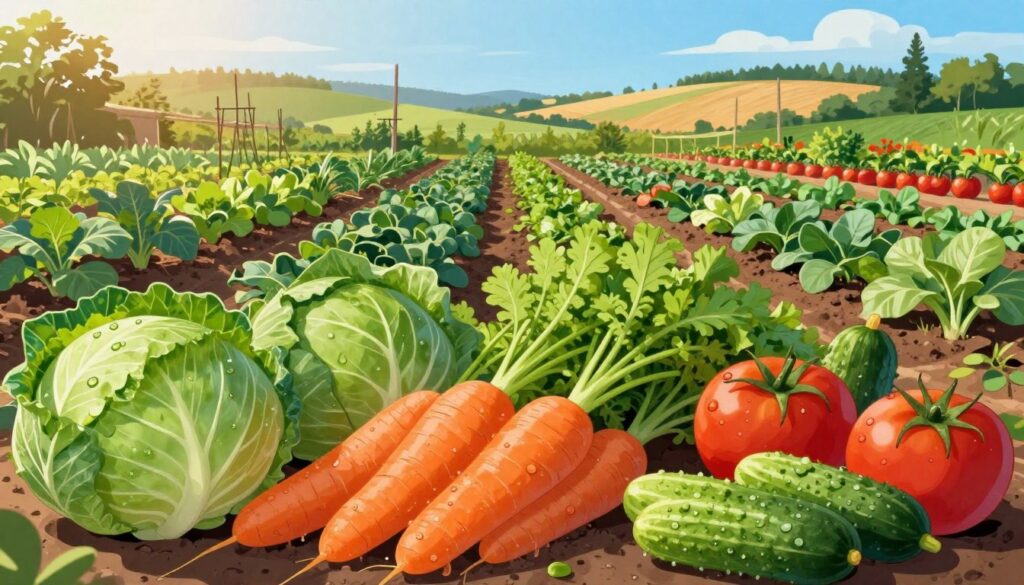 A vibrant and colorful illustration showcasing key vegetable species cultivated in Poland, arranged thoughtfully in the foreground. Include rich green cabbages, bright orange carrots, plump red tomatoes, and crunchy cucumbers, all freshly harvested and gleaming with dewdrops. In the middle ground, depict a lush vegetable garden with rows of various vegetables flourishing under the sunlight, showcasing healthy plants and rich soil. The background features a serene Polish landscape, perhaps with rolling hills and a clear blue sky, conveying a sense of abundance and natural beauty. The lighting should be warm and inviting, capturing the essence of a sunny day in the garden, with a focus on the textures and colors of the vegetables to evoke a mood of freshness and vitality. A vibrant and colorful illustration showcasing key vegetable species cultivated in Poland, arranged thoughtfully in the foreground. Include rich green cabbages, bright orange carrots, plump red tomatoes, and crunchy cucumbers, all freshly harvested and gleaming with dewdrops. In the middle ground, depict a lush vegetable garden with rows of various vegetables flourishing under the sunlight, showcasing healthy plants and rich soil. The background features a serene Polish landscape, perhaps with rolling hills and a clear blue sky, conveying a sense of abundance and natural beauty. The lighting should be warm and inviting, capturing the essence of a sunny day in the garden, with a focus on the textures and colors of the vegetables to evoke a mood of freshness and vitality.