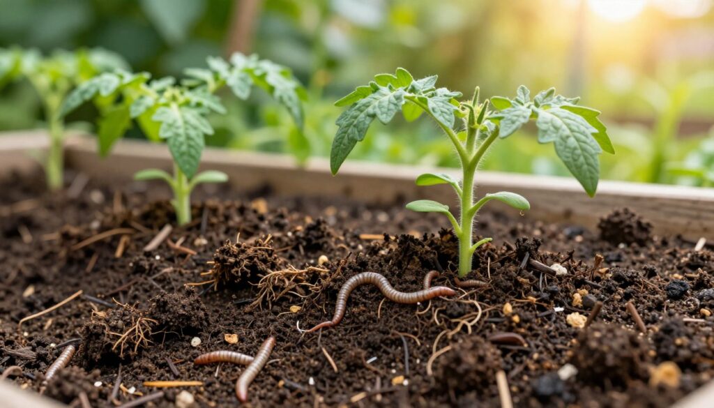 A vibrant and detailed close-up of soil composition ideal for growing tomatoes, featuring dark, rich topsoil dotted with organic matter such as compost and mulch. In the foreground, illustrate the texture of the soil with visible earthworms and small plant roots to indicate health. In the middle ground, show young tomato plants thriving, their green leaves lush and vibrant, suggesting strong growth. The background should feature a softly blurred garden setting with sunlight filtering through, creating a warm and inviting atmosphere. Use natural lighting to enhance the colors, with a focus on a macro perspective to capture the tiny details. The mood should feel nurturing and promote a sense of home gardening. A vibrant and detailed close-up of soil composition ideal for growing tomatoes, featuring dark, rich topsoil dotted with organic matter such as compost and mulch. In the foreground, illustrate the texture of the soil with visible earthworms and small plant roots to indicate health. In the middle ground, show young tomato plants thriving, their green leaves lush and vibrant, suggesting strong growth. The background should feature a softly blurred garden setting with sunlight filtering through, creating a warm and inviting atmosphere. Use natural lighting to enhance the colors, with a focus on a macro perspective to capture the tiny details. The mood should feel nurturing and promote a sense of home gardening.