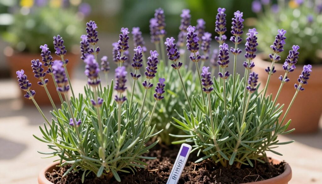 A vibrant and detailed depiction of lavender plants thriving in a pot, with soil showcasing ideal pH levels, presented in layers. In the foreground, focus on the rich green foliage and purple blossoms of the lavender, highlighting their health and aromatic quality. In the middle ground, present the pot filled with dark, nutrient-rich soil, perhaps with pH testing equipment subtly visible to emphasize the importance of pH balance. The background features a sunny garden setting, with soft, warm lighting casting gentle shadows, creating a serene and uplifting atmosphere. A close-up perspective captures the beauty and detail of the lavender, illustrating its luscious growth as an embodiment of successful cultivation. A vibrant and detailed depiction of lavender plants thriving in a pot, with soil showcasing ideal pH levels, presented in layers. In the foreground, focus on the rich green foliage and purple blossoms of the lavender, highlighting their health and aromatic quality. In the middle ground, present the pot filled with dark, nutrient-rich soil, perhaps with pH testing equipment subtly visible to emphasize the importance of pH balance. The background features a sunny garden setting, with soft, warm lighting casting gentle shadows, creating a serene and uplifting atmosphere. A close-up perspective captures the beauty and detail of the lavender, illustrating its luscious growth as an embodiment of successful cultivation.