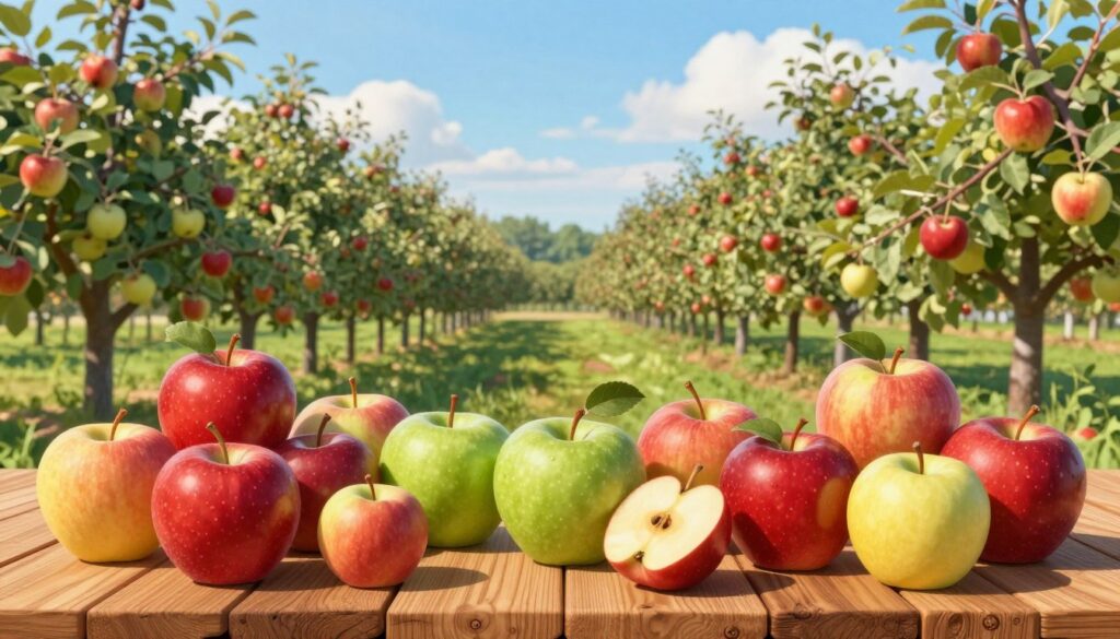 A vibrant and detailed illustration of various apple varieties categorized by their ripening seasons. In the foreground, showcase ripe apples of different colors and sizes, such as bright red, green, and yellow, arranged artistically on a rustic wooden table. In the middle ground, display a lush apple orchard, with trees heavy with fruit, highlighting early-season, mid-season, and late-season varieties. The background features a clear blue sky with soft, fluffy clouds, hinting at a peaceful day. Use natural sunlight to create a warm and inviting atmosphere, with soft shadows enhancing the textures of the apples and the leaves. Capture the essence of an abundant harvest while maintaining a fresh, educational mood. The image should be compositionally balanced and harmoniously colorful, emphasizing the diversity of apple varieties without any text or distractions. A vibrant and detailed illustration of various apple varieties categorized by their ripening seasons. In the foreground, showcase ripe apples of different colors and sizes, such as bright red, green, and yellow, arranged artistically on a rustic wooden table. In the middle ground, display a lush apple orchard, with trees heavy with fruit, highlighting early-season, mid-season, and late-season varieties. The background features a clear blue sky with soft, fluffy clouds, hinting at a peaceful day. Use natural sunlight to create a warm and inviting atmosphere, with soft shadows enhancing the textures of the apples and the leaves. Capture the essence of an abundant harvest while maintaining a fresh, educational mood. The image should be compositionally balanced and harmoniously colorful, emphasizing the diversity of apple varieties without any text or distractions.
