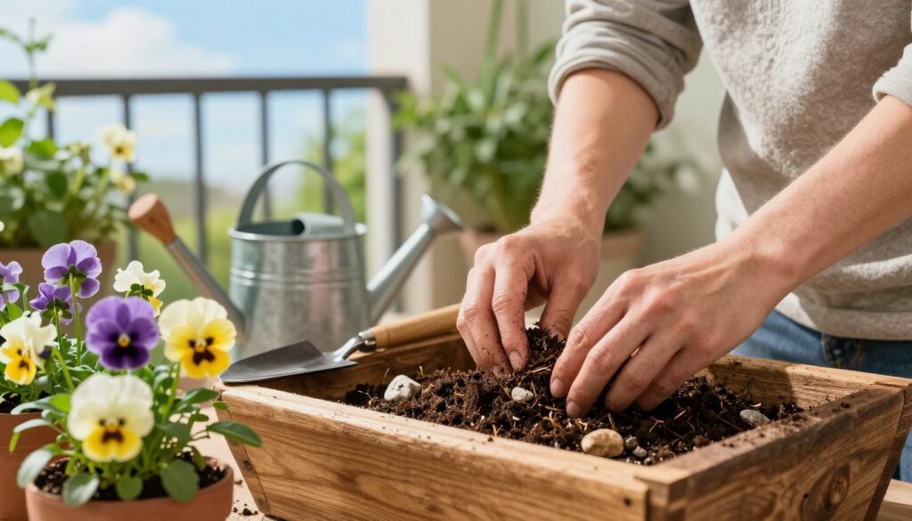 A vibrant and detailed scene of preparing a potting mix for pansies. In the foreground, a gardener in modest casual clothing is thoughtfully mixing rich, dark soil with organic compost and small stones in a rustic wooden container. Bright pansy seedlings are nestled nearby, showcasing their colorful petals in hues of purple, yellow, and white. In the middle ground, an assortment of gardening tools like a trowel and watering can adds interest. The background features a sunny balcony setting with lush greenery and a view of a serene blue sky, creating an inviting atmosphere. Soft, warm natural lighting enhances the colors, while a shallow depth of field focuses on the gardener's hands and the mix being prepared, evoking a sense of nurturing and care.