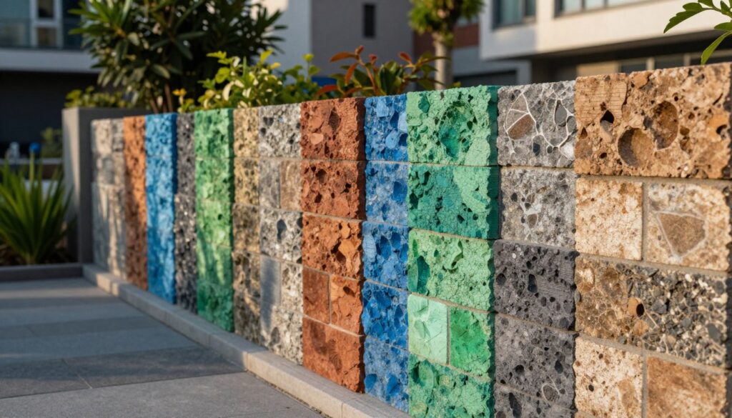 A vibrant and diverse array of colorful grafit wall segments arranged in a modern urban setting. In the foreground, a close-up view showcases a textured surface with a mix of blues, greens, and earthy tones, demonstrating the various shades of grafit materials. The middle ground features a stylish garden fence made of stacked grafit bricks, each block exhibiting unique patterns and colors that harmonize beautifully. In the background, softly blurred urban greenery contrasts with the grafit, allowing the colors to pop. The sunlight casts a warm, inviting glow, enhancing the textures and creating soft shadows. The overall mood is lively yet serene, encapsulating the versatility and visual appeal of grafit in landscaping. A vibrant and diverse array of colorful grafit wall segments arranged in a modern urban setting. In the foreground, a close-up view showcases a textured surface with a mix of blues, greens, and earthy tones, demonstrating the various shades of grafit materials. The middle ground features a stylish garden fence made of stacked grafit bricks, each block exhibiting unique patterns and colors that harmonize beautifully. In the background, softly blurred urban greenery contrasts with the grafit, allowing the colors to pop. The sunlight casts a warm, inviting glow, enhancing the textures and creating soft shadows. The overall mood is lively yet serene, encapsulating the versatility and visual appeal of grafit in landscaping.