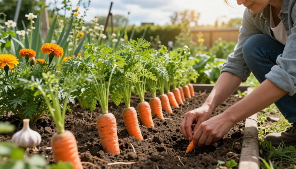 A vibrant and tranquil garden scene featuring a row of healthy, bright orange carrots being planted next to lush green companion plants known to deter pests, such as marigolds and garlic. In the foreground, a gardener with modest casual clothing is kneeling in rich, dark soil, gently placing carrot seeds into prepared furrows. The middle ground shows the flourishing plants with delicate blossoms, while in the background, a sunny sky with soft clouds casts warm natural lighting over the scene. The atmosphere is serene and encouraging, emphasizing organic gardening methods that promote healthy crop yields while naturally reducing pests. The composition should be viewed from a slightly elevated angle, capturing the layered greenery and the diligent gardener at work. A vibrant and tranquil garden scene featuring a row of healthy, bright orange carrots being planted next to lush green companion plants known to deter pests, such as marigolds and garlic. In the foreground, a gardener with modest casual clothing is kneeling in rich, dark soil, gently placing carrot seeds into prepared furrows. The middle ground shows the flourishing plants with delicate blossoms, while in the background, a sunny sky with soft clouds casts warm natural lighting over the scene. The atmosphere is serene and encouraging, emphasizing organic gardening methods that promote healthy crop yields while naturally reducing pests. The composition should be viewed from a slightly elevated angle, capturing the layered greenery and the diligent gardener at work.