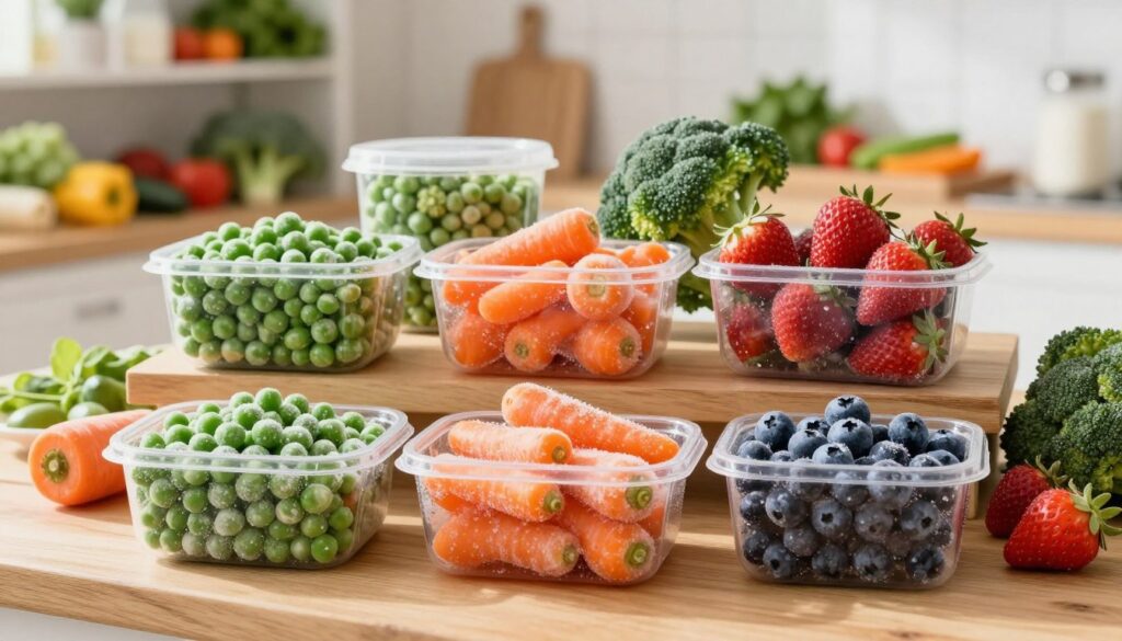 A vibrant and visually appealing display of frozen vegetables and fruits, showcasing an assortment of colorful items such as peas, carrots, broccoli, strawberries, and blueberries. In the foreground, the frozen produce is elegantly arranged in clear, frosty containers, with subtle ice crystals glistening on the surface. The middle layer features a smooth wooden table, enhancing the organic feel, while the background displays a soft-focus kitchen or pantry setting with shelves containing fresh produce, reinforcing the theme of seasonality. The lighting is bright and natural, emulating sunlight streaming through a window, creating a warm and inviting atmosphere. The overall mood is fresh and healthy, emphasizing the nutritional value of frozen products.