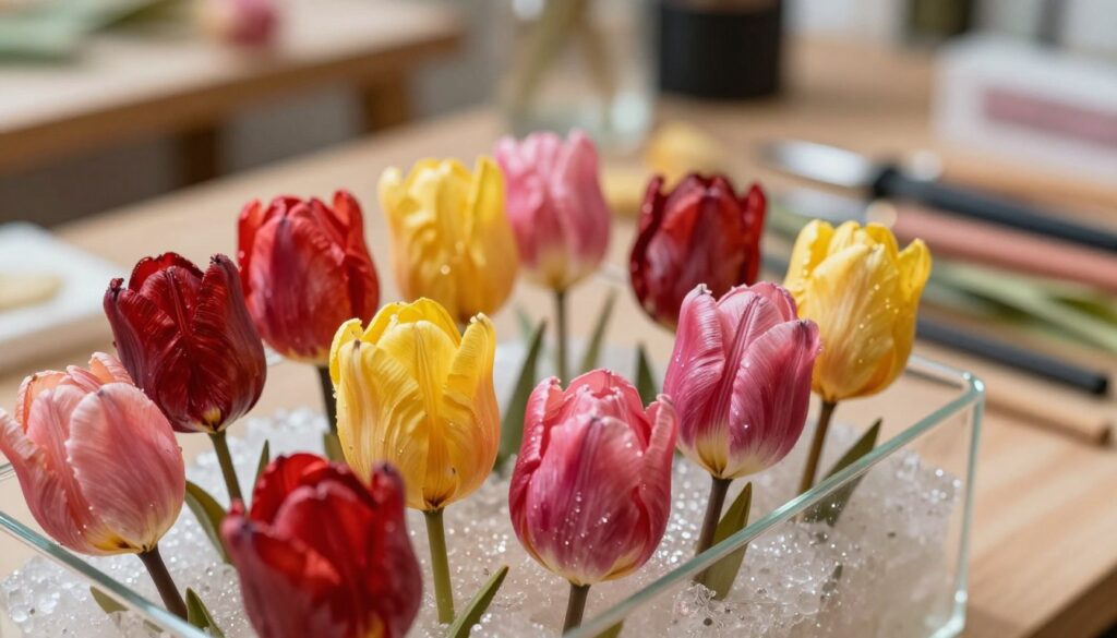 A vibrant arrangement of dried tulips preserved with silica gel to maintain their intense colors. In the foreground, a close-up view showcases the tulips in bright hues of red, yellow, and pink, their petals shimmering under soft, diffused lighting. The middle ground features a glass container filled with the silica gel, its granules sparkling subtly, enhancing the color retention of the flowers. The background is softly blurred, suggesting a warm, inviting workshop ambiance with tools and materials for floral decorations. The overall mood is serene and artistic, with gentle natural lighting emphasizing the beauty and vividness of the preserved blooms. Use a macro lens angle to capture intricate details, creating an enchanting visual for readers. A vibrant arrangement of dried tulips preserved with silica gel to maintain their intense colors. In the foreground, a close-up view showcases the tulips in bright hues of red, yellow, and pink, their petals shimmering under soft, diffused lighting. The middle ground features a glass container filled with the silica gel, its granules sparkling subtly, enhancing the color retention of the flowers. The background is softly blurred, suggesting a warm, inviting workshop ambiance with tools and materials for floral decorations. The overall mood is serene and artistic, with gentle natural lighting emphasizing the beauty and vividness of the preserved blooms. Use a macro lens angle to capture intricate details, creating an enchanting visual for readers.