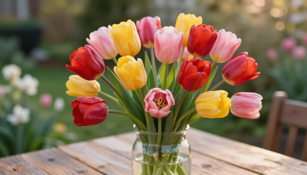 A vibrant arrangement of freshly cut tulips in a clear glass vase, showcasing various colors including deep red, bright yellow, and soft pink. The vase sits elegantly on a rustic wooden table, with a gentle play of light illuminating the petals to highlight their delicate textures. In the background, a blurred garden scene reveals hints of green foliage and soft-focus blossoms, creating a serene and inviting atmosphere. The lighting is soft yet warm, mimicking the golden hour glow, while the angle captures the bouquet from a slightly elevated perspective, emphasizing the tulips' full bloom. The overall mood is fresh and lively, evoking feelings of springtime renewal and appreciation for nature's beauty. A vibrant arrangement of freshly cut tulips in a clear glass vase, showcasing various colors including deep red, bright yellow, and soft pink. The vase sits elegantly on a rustic wooden table, with a gentle play of light illuminating the petals to highlight their delicate textures. In the background, a blurred garden scene reveals hints of green foliage and soft-focus blossoms, creating a serene and inviting atmosphere. The lighting is soft yet warm, mimicking the golden hour glow, while the angle captures the bouquet from a slightly elevated perspective, emphasizing the tulips' full bloom. The overall mood is fresh and lively, evoking feelings of springtime renewal and appreciation for nature's beauty.
