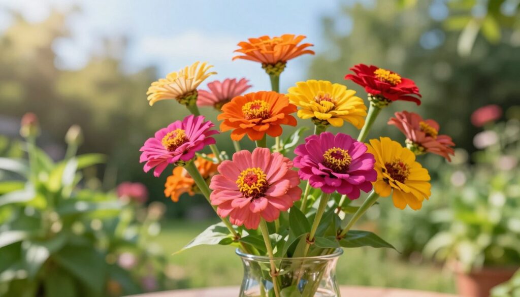 A vibrant arrangement of freshly cut zinnias, showcasing an array of colors including bright pinks, oranges, yellows, and deep reds. In the foreground, the zinnias are artfully displayed in a clear glass vase, with water reflecting soft light. The middle ground features lush green foliage, partially blurred to create depth, while delicate petals are crisply detailed. In the background, a sunny garden setting with a soft-focus effect captures the essence of summer, with soft blue skies and gentle sunlight filtering through trees, adding warmth to the scene. The mood is cheerful and inviting, perfect for illustrating the beauty of zinnias as cut flowers. Utilize a shallow depth of field to emphasize the vivid colors and textures of the flowers in the vase. A vibrant arrangement of freshly cut zinnias, showcasing an array of colors including bright pinks, oranges, yellows, and deep reds. In the foreground, the zinnias are artfully displayed in a clear glass vase, with water reflecting soft light. The middle ground features lush green foliage, partially blurred to create depth, while delicate petals are crisply detailed. In the background, a sunny garden setting with a soft-focus effect captures the essence of summer, with soft blue skies and gentle sunlight filtering through trees, adding warmth to the scene. The mood is cheerful and inviting, perfect for illustrating the beauty of zinnias as cut flowers. Utilize a shallow depth of field to emphasize the vivid colors and textures of the flowers in the vase.