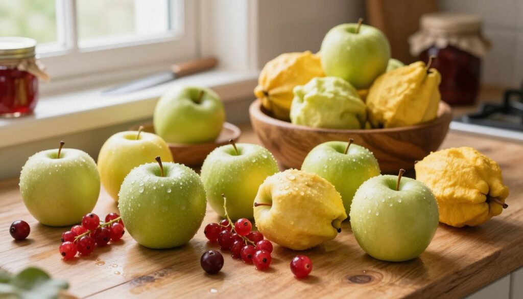 A vibrant arrangement of sour fruits ideal for preserves, featuring a variety of apples in shades of green and yellow, with a few tart berries like cranberries and currants intermingled. The foreground showcases fresh, juicy fruits with droplets of water, highlighting their freshness. In the middle background, wooden bowls filled with these fruits sit on a rustic kitchen countertop, surrounded by jars and tools for making preserves. Soft, warm lighting filters through a nearby window, casting gentle shadows, creating an inviting homey atmosphere. The scene captures the essence of fall harvest, evoking a sense of nostalgia for homemade recipes. The composition is shot from a slightly elevated angle, focusing on the textures and colors of the fruits while maintaining a clean, clutter-free backdrop. A vibrant arrangement of sour fruits ideal for preserves, featuring a variety of apples in shades of green and yellow, with a few tart berries like cranberries and currants intermingled. The foreground showcases fresh, juicy fruits with droplets of water, highlighting their freshness. In the middle background, wooden bowls filled with these fruits sit on a rustic kitchen countertop, surrounded by jars and tools for making preserves. Soft, warm lighting filters through a nearby window, casting gentle shadows, creating an inviting homey atmosphere. The scene captures the essence of fall harvest, evoking a sense of nostalgia for homemade recipes. The composition is shot from a slightly elevated angle, focusing on the textures and colors of the fruits while maintaining a clean, clutter-free backdrop.