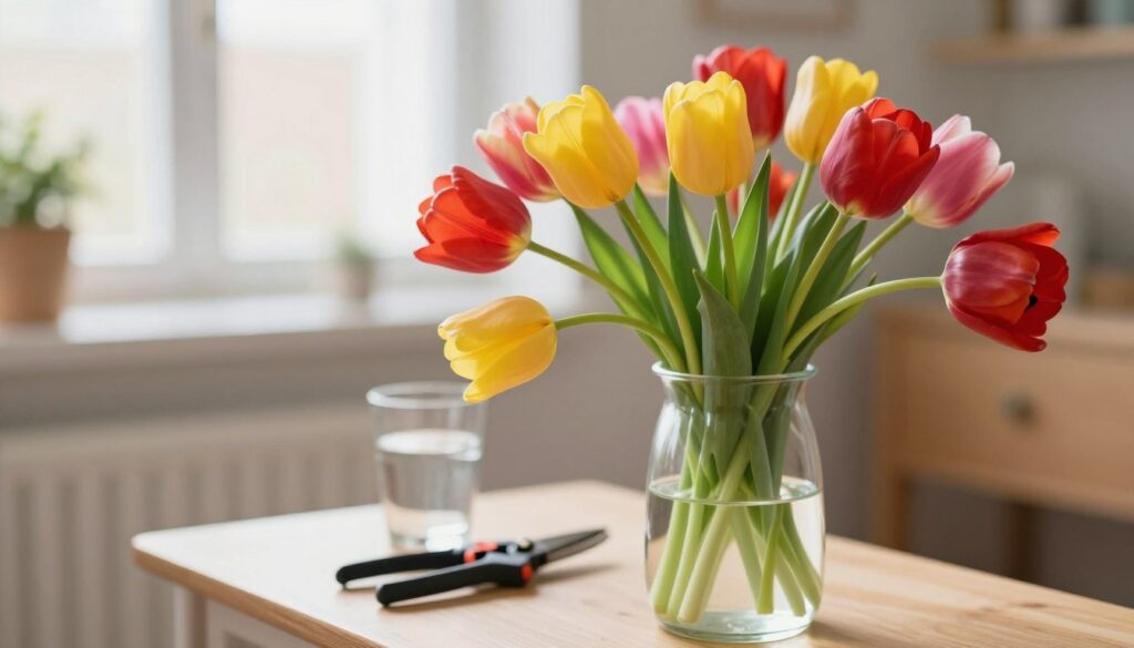A vibrant arrangement of tulips in a clear glass vase, with some flowers drooping gracefully, symbolizing the need for care and revitalization. In the foreground, focus on the delicate petals of the tulips, showcasing shades of red, yellow, and pink. The middle section should depict a small table with a pair of gardening shears and a glass of water beside the vase, illustrating the tools used in the revitalization process. The background softly blurs a cozy indoor setting with warm natural light streaming through a window, creating an inviting atmosphere. Use a shallow depth of field to emphasize the tulips while the bokeh adds an ethereal quality to the scene, conveying a sense of hope and rejuvenation.