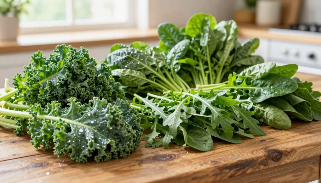 A vibrant assortment of leafy green vegetables showcases their freshness and variety. In the foreground, kale, spinach, and arugula are beautifully arranged, each leaf glistening with morning dew, capturing the essence of health and nourishment. The middle ground features a rustic wooden table, enhancing the organic aesthetic, while the background reveals a sunlit kitchen with soft, natural light spilling in from a nearby window. The overall mood is lively and refreshing, inviting viewers to embrace the vitality of these greens. The angle is slightly elevated, providing a clear view of the textures and colors of the leaves. This scene reflects the importance of incorporating leafy greens into a healthy diet.