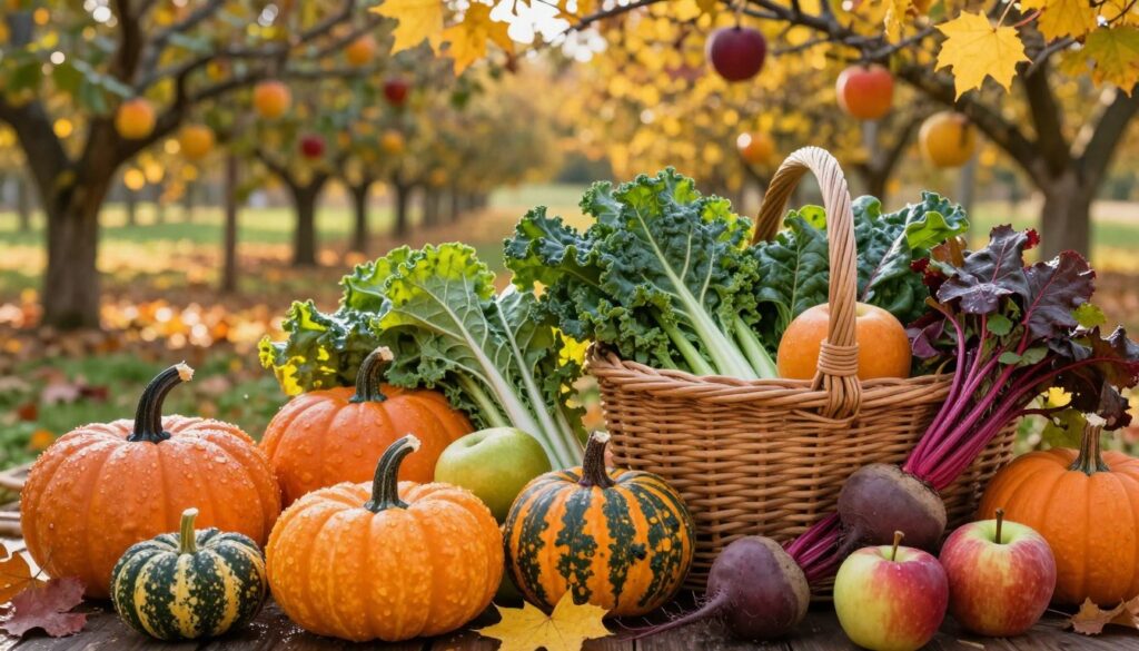 A vibrant autumn harvest scene featuring an array of seasonal vegetables and fruits. In the foreground, showcase fresh, colorful pumpkins, squash, beets, and apples, glistening with dew. The middle ground includes leafy greens like kale and Swiss chard, artfully arranged in a rustic wicker basket. In the background, a softly blurred orchard reveals trees with ripe, colorful fruits surrounded by golden leaves. The scene is illuminated with warm, golden sunlight filtering through overhanging branches, creating a cozy, inviting atmosphere. The angle is slightly elevated to capture the bounty while maintaining a rich depth of field. The overall mood is warm and cheerful, perfect for celebrating the season's abundance.