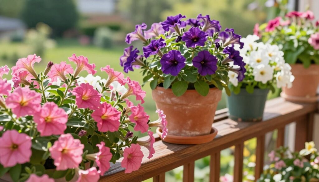 A vibrant balcony filled with lush petunias in various shades of pink, purple, and white, cascading gracefully over the wooden railing. In the foreground, detailed flowers display their velvety petals glistening in the sunlight, while in the middle ground, a terracotta pot holds a flourishing petunia plant, its leaves rich and green. The background features a soft-focus view of a garden with gentle greenery, complementing the colorful blooms. Bright, warm natural light bathes the scene, creating a cheerful atmosphere. A shallow depth of field highlights the petunias, while the angle captures the inviting charm of a well-tended balcony garden, perfect for showcasing these beloved summer flowers. A vibrant balcony filled with lush petunias in various shades of pink, purple, and white, cascading gracefully over the wooden railing. In the foreground, detailed flowers display their velvety petals glistening in the sunlight, while in the middle ground, a terracotta pot holds a flourishing petunia plant, its leaves rich and green. The background features a soft-focus view of a garden with gentle greenery, complementing the colorful blooms. Bright, warm natural light bathes the scene, creating a cheerful atmosphere. A shallow depth of field highlights the petunias, while the angle captures the inviting charm of a well-tended balcony garden, perfect for showcasing these beloved summer flowers.
