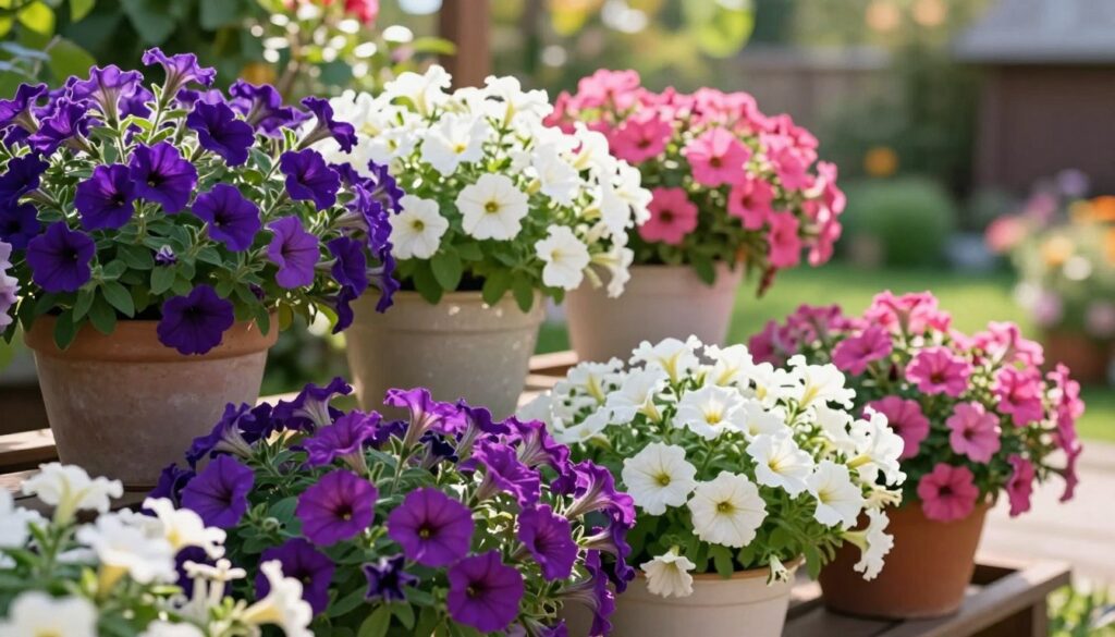 A vibrant, cascading display of petunia flowers in pots, showcasing a variety of colors including deep purples, bright pinks, and soft whites. The foreground features lush, blooming petunias trailing elegantly down from the pots, creating a stunning visual effect. In the middle ground, multiple ceramic pots of different sizes are arranged in a staggered fashion, emphasizing the cascading technique. The background is a softly blurred garden setting with greenery and sunlight filtering through, imparting a warm, inviting atmosphere. The scene is lit with natural sunlight, highlighting the textures of the petals and leaves, creating a cheerful and tranquil mood. The camera angle is slightly elevated to capture the full breadth of the cascading effect without any distractions. A vibrant, cascading display of petunia flowers in pots, showcasing a variety of colors including deep purples, bright pinks, and soft whites. The foreground features lush, blooming petunias trailing elegantly down from the pots, creating a stunning visual effect. In the middle ground, multiple ceramic pots of different sizes are arranged in a staggered fashion, emphasizing the cascading technique. The background is a softly blurred garden setting with greenery and sunlight filtering through, imparting a warm, inviting atmosphere. The scene is lit with natural sunlight, highlighting the textures of the petals and leaves, creating a cheerful and tranquil mood. The camera angle is slightly elevated to capture the full breadth of the cascading effect without any distractions.