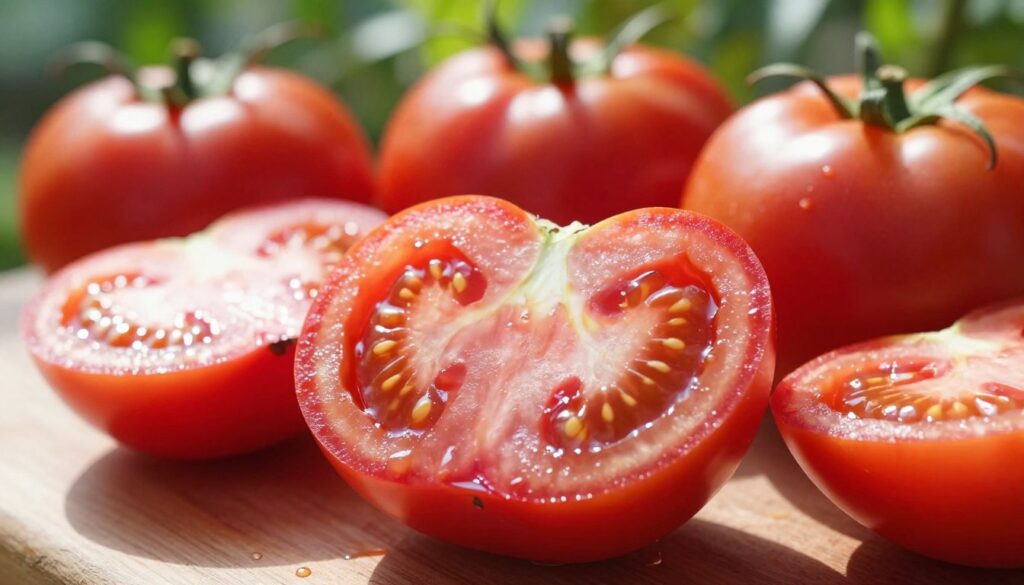 A vibrant, close-up image of a ripe tomato sliced in half, showcasing its juicy interior filled with glistening red flesh and seeds. The foreground highlights the rich, crimson color of lycopene within the tomato, emphasizing its health benefits. In the middle ground, several whole tomatoes are arranged artistically, some partially sliced to reveal their texture. The background consists of a softly blurred garden, hinting at the source of these tomatoes, with green leaves and sunlight filtering through, creating a warm and inviting atmosphere. The lighting is natural and bright, casting gentle shadows that enhance the texture and color of the tomatoes. The overall mood is fresh, healthy, and vibrant, underscoring the importance of lycopene in nutrition.