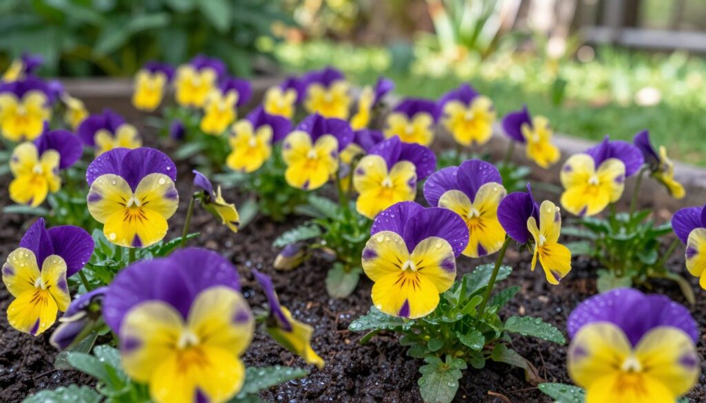 A vibrant close-up of a garden bed filled with blooming pansies (bratki), showcasing their vivid colors ranging from deep purples to bright yellows. In the foreground, dewdrops glisten on the petals, emphasizing their freshness. The middle ground features rich, dark soil that has been recently watered, with small droplets visible, suggesting optimal hydration. A soft, diffused sunlight filters through nearby trees, casting gentle shadows and enhancing the colors of the flowers. The background contains a blurred image of a lush green garden, creating a serene atmosphere. The overall mood is cheerful and vibrant, emphasizing health and vitality, ideal for showcasing the beauty of well-watered pansies. A vibrant close-up of a garden bed filled with blooming pansies (bratki), showcasing their vivid colors ranging from deep purples to bright yellows. In the foreground, dewdrops glisten on the petals, emphasizing their freshness. The middle ground features rich, dark soil that has been recently watered, with small droplets visible, suggesting optimal hydration. A soft, diffused sunlight filters through nearby trees, casting gentle shadows and enhancing the colors of the flowers. The background contains a blurred image of a lush green garden, creating a serene atmosphere. The overall mood is cheerful and vibrant, emphasizing health and vitality, ideal for showcasing the beauty of well-watered pansies.
