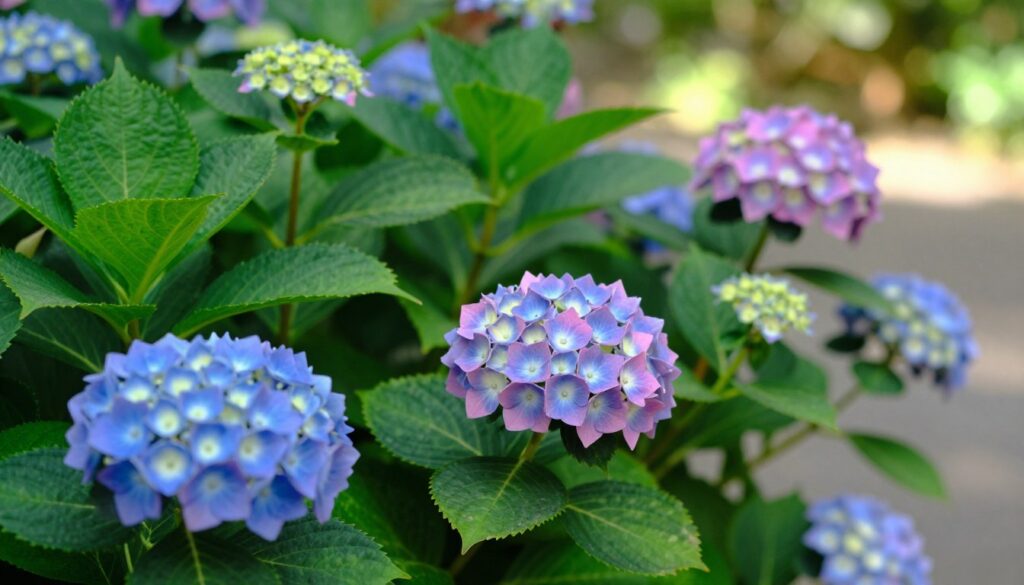 A vibrant close-up of a garden hydrangea, showcasing its lush, green foliage and distinctive flower clusters. In the foreground, focus on the round, full blooms with a mix of blue and pink petals, highlighting their intricate details and textures. The middle ground features sturdy, erect stems with prominent leaves, showcasing different shapes and sizes for comparison. The background should be softly blurred, hinting at a garden setting with dappled sunlight filtering through foliage, creating a warm, inviting atmosphere. The scene should evoke a sense of serenity and natural beauty, captured with soft, diffused lighting to enhance the colors and details, as if viewed through a macro lens at a slight angle. A vibrant close-up of a garden hydrangea, showcasing its lush, green foliage and distinctive flower clusters. In the foreground, focus on the round, full blooms with a mix of blue and pink petals, highlighting their intricate details and textures. The middle ground features sturdy, erect stems with prominent leaves, showcasing different shapes and sizes for comparison. The background should be softly blurred, hinting at a garden setting with dappled sunlight filtering through foliage, creating a warm, inviting atmosphere. The scene should evoke a sense of serenity and natural beauty, captured with soft, diffused lighting to enhance the colors and details, as if viewed through a macro lens at a slight angle.