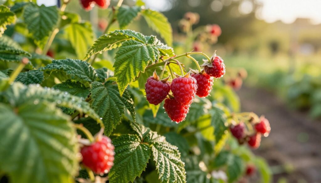 A vibrant close-up of raspberry bushes in the fruiting phase, displaying ripe, plump raspberries in various shades of red amidst lush green leaves. In the foreground, a few ripe berries glisten with morning dew, showcasing their texture. In the middle ground, the raspberry plants are full of healthy foliage, indicating a robust growth phase. The background features a blurred garden setting, bathed in warm, golden sunlight, creating a serene and inviting atmosphere. The lighting is soft and natural, with a focus on the fruits, emphasizing their freshness. The perspective is slightly angled upward, allowing viewers to appreciate the berry-laden branches. A vibrant close-up of raspberry bushes in the fruiting phase, displaying ripe, plump raspberries in various shades of red amidst lush green leaves. In the foreground, a few ripe berries glisten with morning dew, showcasing their texture. In the middle ground, the raspberry plants are full of healthy foliage, indicating a robust growth phase. The background features a blurred garden setting, bathed in warm, golden sunlight, creating a serene and inviting atmosphere. The lighting is soft and natural, with a focus on the fruits, emphasizing their freshness. The perspective is slightly angled upward, allowing viewers to appreciate the berry-laden branches.