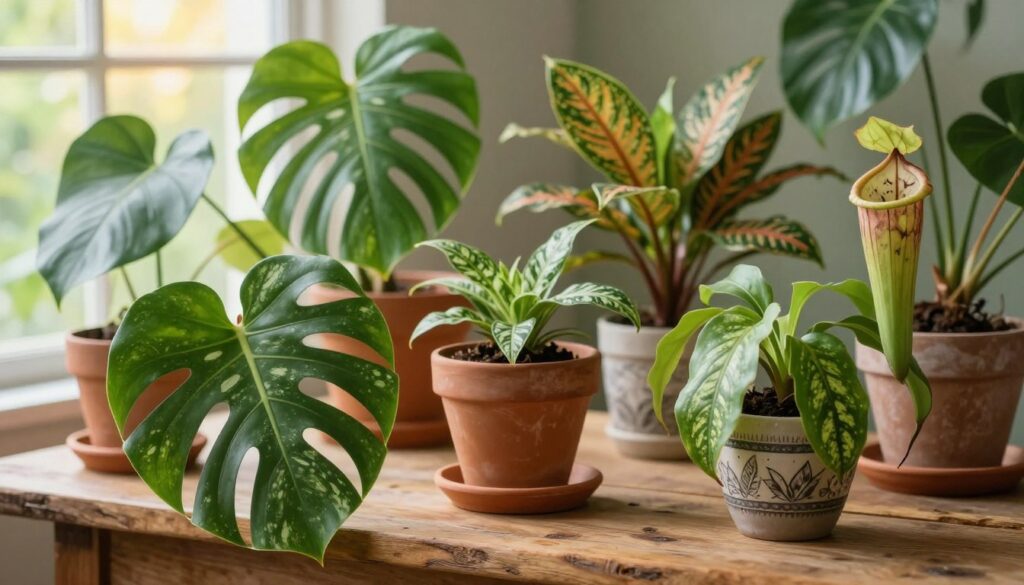 A vibrant collection of rare collector's plants displayed on a rustic wooden table, showcasing various unique species such as a variegated monstera, a colorful calathea, and an exotic pitcher plant. The foreground features rich green leaves with intricate patterns and textures, creating a lush, inviting look. In the middle ground, softly blurred terracotta pots and decorative planters enhance the composition, while the background offers a hint of a sunlit garden window, casting warm, natural light over the scene. The atmosphere is serene and captivating, encouraging a sense of tranquility. Use a macro lens effect to emphasize the details of the foliage and the play of light, maintaining a vibrant yet soothing color palette. A vibrant collection of rare collector's plants displayed on a rustic wooden table, showcasing various unique species such as a variegated monstera, a colorful calathea, and an exotic pitcher plant. The foreground features rich green leaves with intricate patterns and textures, creating a lush, inviting look. In the middle ground, softly blurred terracotta pots and decorative planters enhance the composition, while the background offers a hint of a sunlit garden window, casting warm, natural light over the scene. The atmosphere is serene and captivating, encouraging a sense of tranquility. Use a macro lens effect to emphasize the details of the foliage and the play of light, maintaining a vibrant yet soothing color palette.