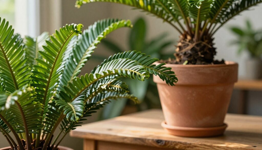 A vibrant, detailed depiction of an unrolled cycas revoluta, showcasing its unique fronds and textured trunk. In the foreground, focus on the rich green, spiraled leaves unfurling gracefully, highlighted with soft sunlight filtering through them, creating a sense of life and vitality. The middle ground features a beautifully patterned terracotta pot, resting on a natural wooden surface, adding warmth to the composition. In the background, a softly blurred interior space with plants and natural elements reflects a serene indoor atmosphere, evoking a sense of a lush green sanctuary. The lighting is warm and inviting, captured using a macro lens to emphasize the intricate details of the cycas revoluta. The overall mood is calm and rejuvenating, ideal for a fresh, green interior environment. A vibrant, detailed depiction of an unrolled cycas revoluta, showcasing its unique fronds and textured trunk. In the foreground, focus on the rich green, spiraled leaves unfurling gracefully, highlighted with soft sunlight filtering through them, creating a sense of life and vitality. The middle ground features a beautifully patterned terracotta pot, resting on a natural wooden surface, adding warmth to the composition. In the background, a softly blurred interior space with plants and natural elements reflects a serene indoor atmosphere, evoking a sense of a lush green sanctuary. The lighting is warm and inviting, captured using a macro lens to emphasize the intricate details of the cycas revoluta. The overall mood is calm and rejuvenating, ideal for a fresh, green interior environment.