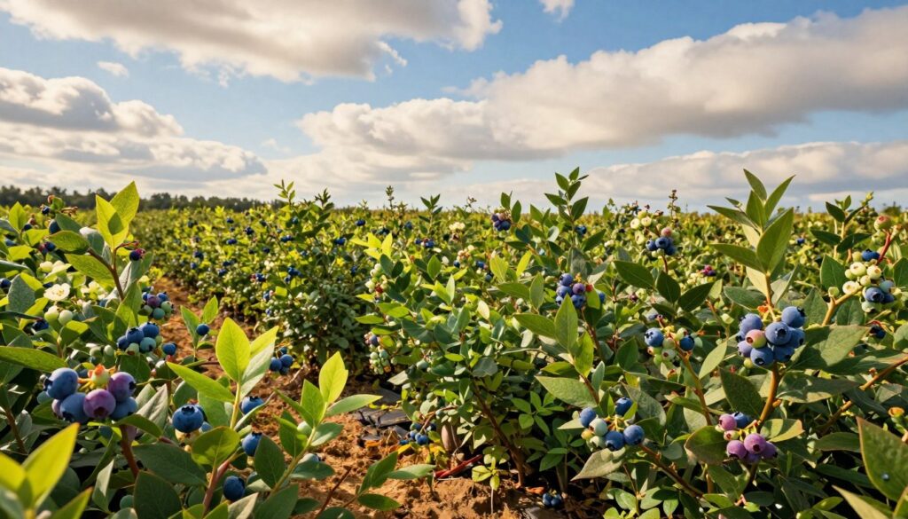 A vibrant display of genetic diversity in American blueberries, showcasing a variety of plant sizes, leaf shapes, and berry colors in a lush blueberry field. In the foreground, clusters of ripe blue and purple berries hang from robust, green plants, some with lighter green foliage, symbolizing different cultivars. The middle ground features rows of blueberry bushes, each representing unique genetic traits, with occasional flowers and unripe berries to highlight the growth stages. The background reveals a bright blue sky with soft, fluffy clouds, casting gentle sunlight over the scene. The atmosphere is hopeful and bountiful, emphasizing the importance of genetic diversity for fruiting success. The lighting should have a warm, golden hue, and the image should be captured from a slightly elevated angle to provide a panoramic view of the field.