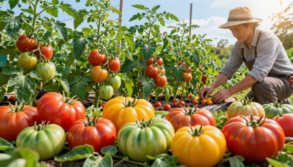 A vibrant display of various tomato varieties arranged in a picturesque home garden setting. In the foreground, showcase ripe, plump tomatoes of diverse shapes and colors, including red, yellow, and green heirloom types, set against lush green foliage. In the middle ground, include neatly organized rows of tomato plants, rich in fruits, with a focus on a gardener’s hands gently tending to them, wearing a sun hat and modest casual clothing. The background features a bright blue sky and a soft, warm sunlight filtering through the leaves, creating a cheerful and inviting atmosphere. Emphasize the interconnectedness of the different tomato types and their harmonious growth for a continuous harvesting experience. A vibrant display of various tomato varieties arranged in a picturesque home garden setting. In the foreground, showcase ripe, plump tomatoes of diverse shapes and colors, including red, yellow, and green heirloom types, set against lush green foliage. In the middle ground, include neatly organized rows of tomato plants, rich in fruits, with a focus on a gardener’s hands gently tending to them, wearing a sun hat and modest casual clothing. The background features a bright blue sky and a soft, warm sunlight filtering through the leaves, creating a cheerful and inviting atmosphere. Emphasize the interconnectedness of the different tomato types and their harmonious growth for a continuous harvesting experience.