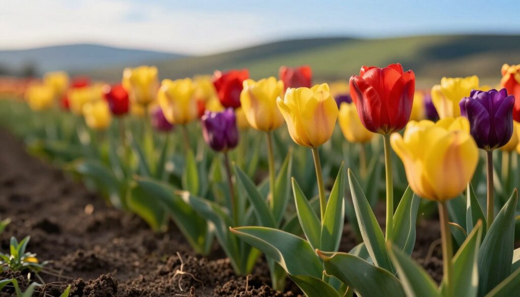 A vibrant field of blooming tulips in various colors—reds, yellows, and purples—occupies the foreground, showcasing their delicate petals softly illuminated by warm, golden sunlight. In the middle ground, lush green foliage and rich, dark soil signify healthy growing conditions, hinting at the importance of proper planting depth for optimal growth. In the background, a blurred landscape includes rolling hills and gentle blue sky, adding depth to the scene. The lighting creates an inviting and serene atmosphere, emphasizing the vitality of spring. Use a macro lens perspective to capture the intricate details of the tulip flowers and the textural richness of the soil, evoking the nurturing environment crucial for the development of these beautiful blooms. A vibrant field of blooming tulips in various colors—reds, yellows, and purples—occupies the foreground, showcasing their delicate petals softly illuminated by warm, golden sunlight. In the middle ground, lush green foliage and rich, dark soil signify healthy growing conditions, hinting at the importance of proper planting depth for optimal growth. In the background, a blurred landscape includes rolling hills and gentle blue sky, adding depth to the scene. The lighting creates an inviting and serene atmosphere, emphasizing the vitality of spring. Use a macro lens perspective to capture the intricate details of the tulip flowers and the textural richness of the soil, evoking the nurturing environment crucial for the development of these beautiful blooms.