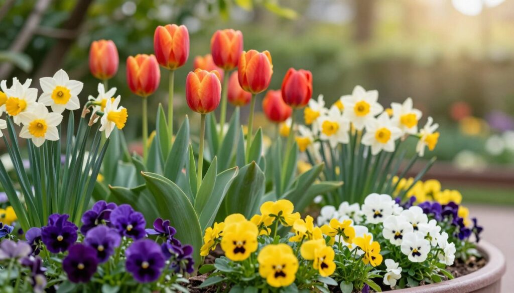 A vibrant garden composition featuring a variety of colorful pansies (bratki) arranged alongside bulbous flowers like tulips and daffodils. In the foreground, clusters of rich purple, yellow, and white pansies create a lively display, intertwined with delicate green foliage. The middle ground displays tall, graceful tulips in shades of red and orange, while clusters of cheerful daffodils bloom nearby. The background fades into a soft, blurred garden setting with gentle sunlight filtering through lush green leaves, creating a warm and inviting atmosphere. The image should have a depth of field effect, focusing sharply on the flowers in the foreground while softening the background, evoking a serene, springtime vibe, perfect for showcasing harmonious plant combinations in container gardens and borders. A vibrant garden composition featuring a variety of colorful pansies (bratki) arranged alongside bulbous flowers like tulips and daffodils. In the foreground, clusters of rich purple, yellow, and white pansies create a lively display, intertwined with delicate green foliage. The middle ground displays tall, graceful tulips in shades of red and orange, while clusters of cheerful daffodils bloom nearby. The background fades into a soft, blurred garden setting with gentle sunlight filtering through lush green leaves, creating a warm and inviting atmosphere. The image should have a depth of field effect, focusing sharply on the flowers in the foreground while softening the background, evoking a serene, springtime vibe, perfect for showcasing harmonious plant combinations in container gardens and borders.